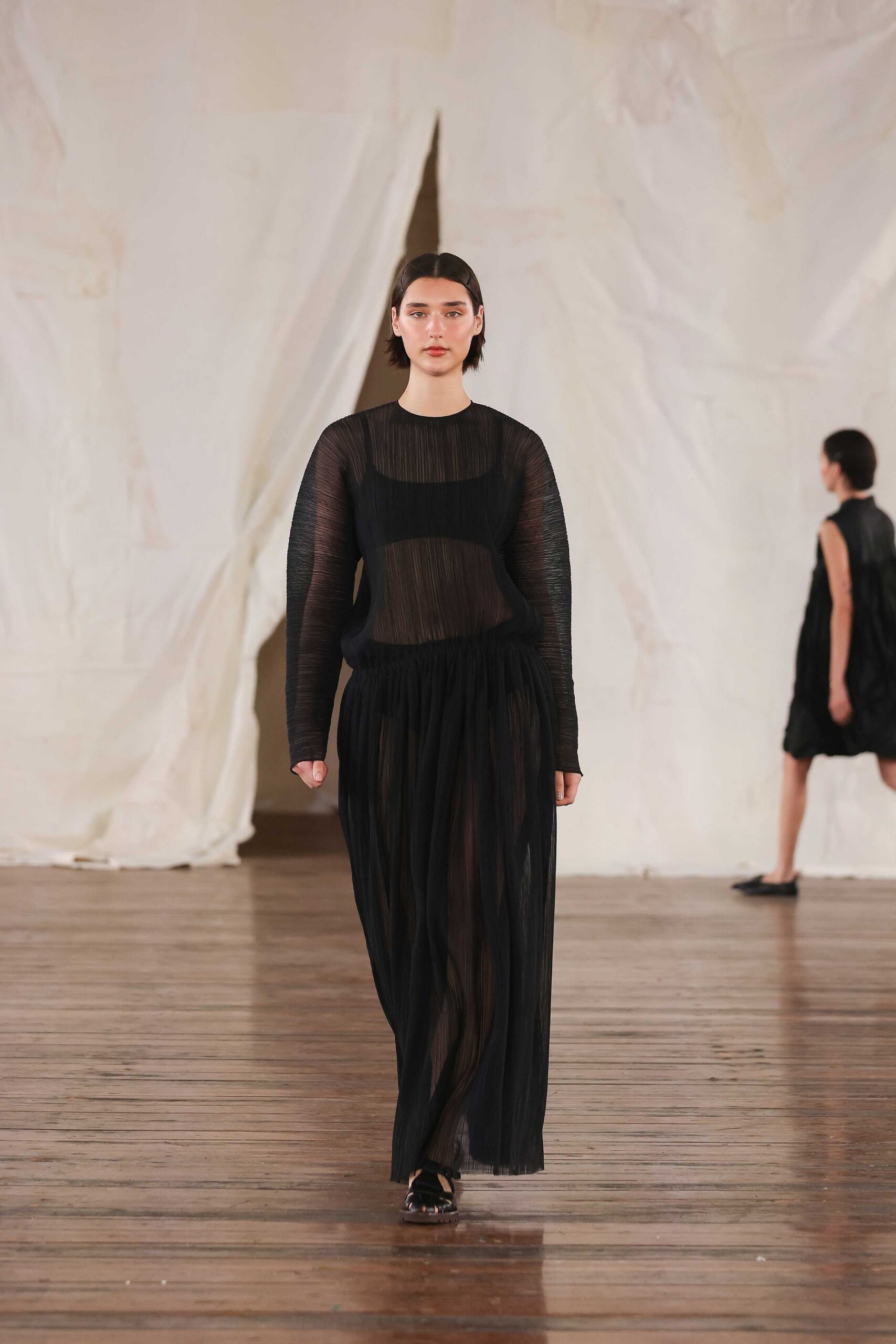black sheer pleated maxi dress