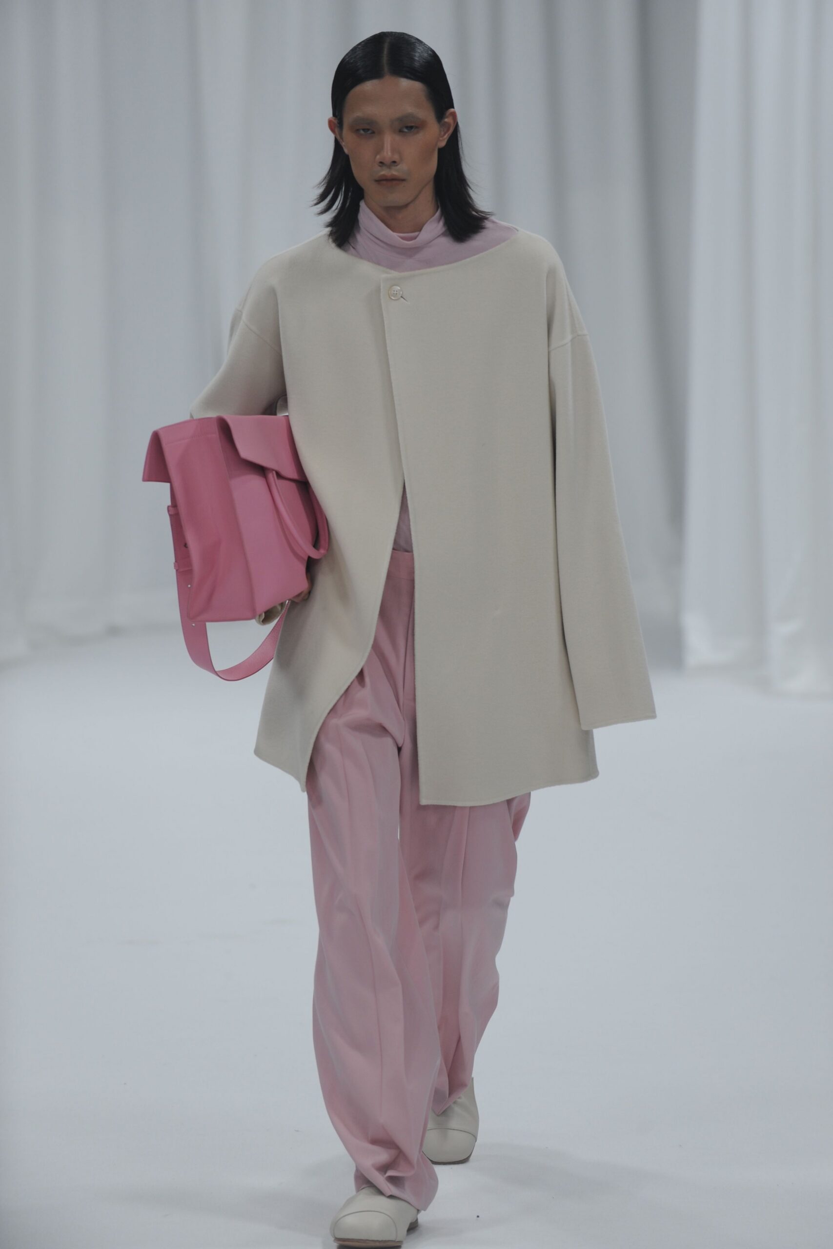 white oversized coat with pink pants