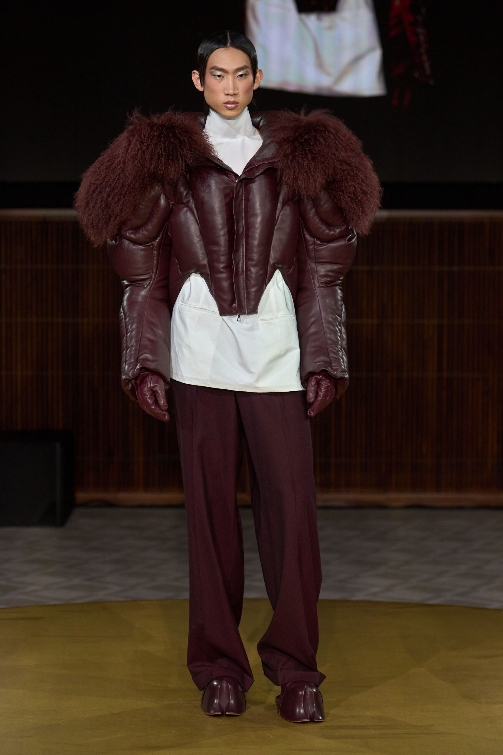 maroon leather long-sleeve collared fitted padded jacket