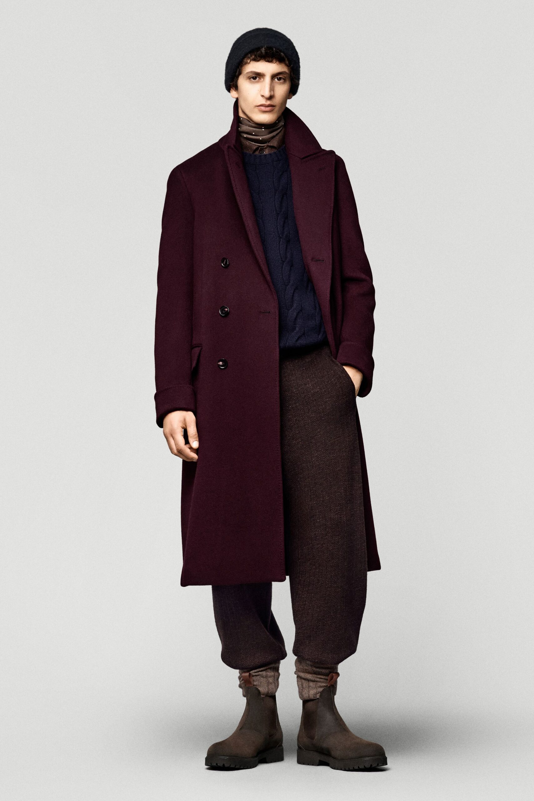 maroon wool long-sleeve collared tailored coat
