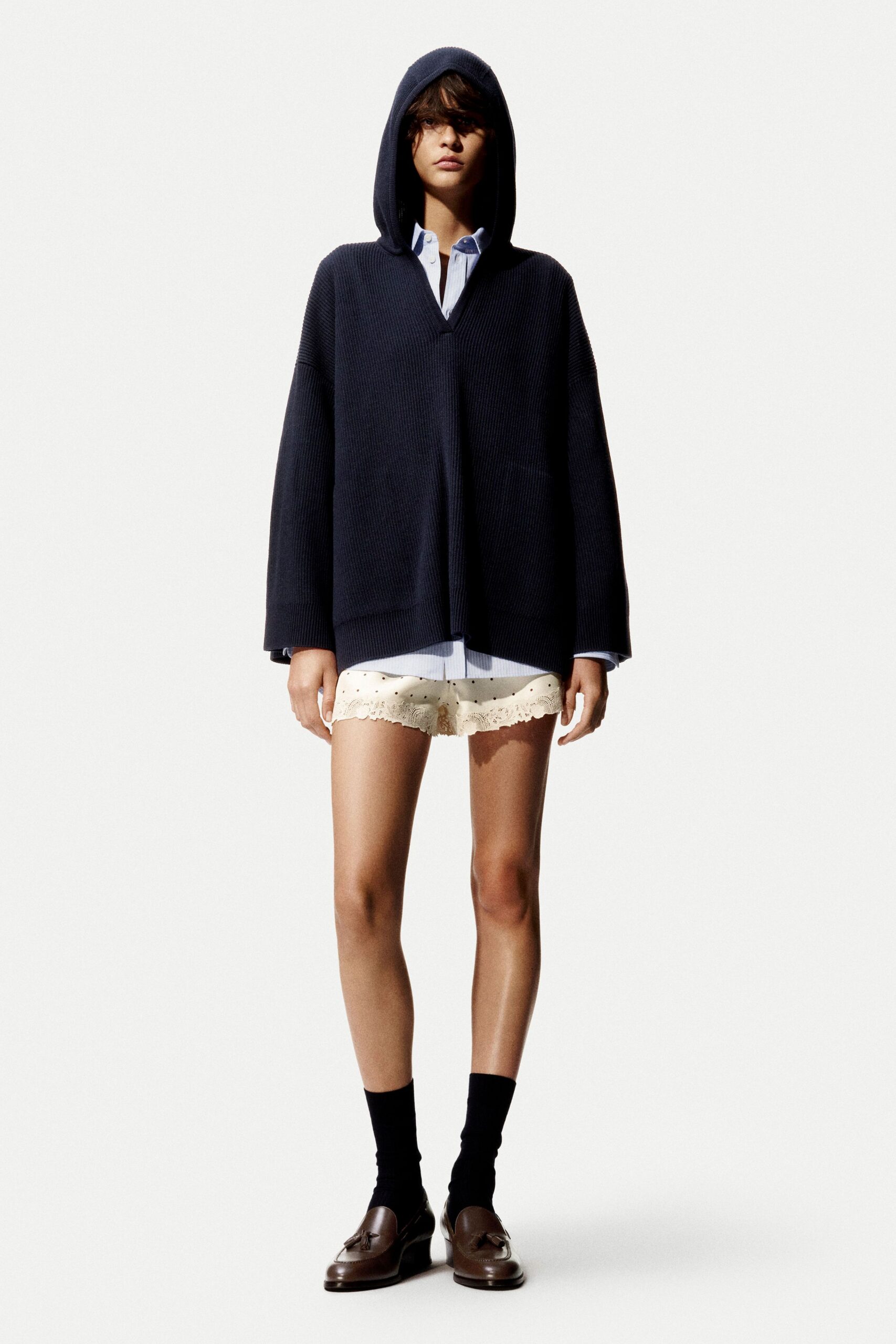 blue cotton long-sleeve hooded relaxed hoodie
