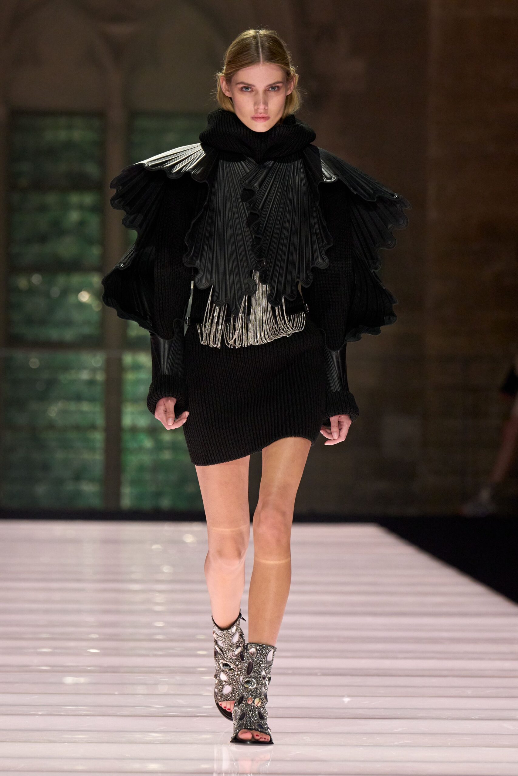 black wool long-sleeve high-neck fitted pleated ruffled dress