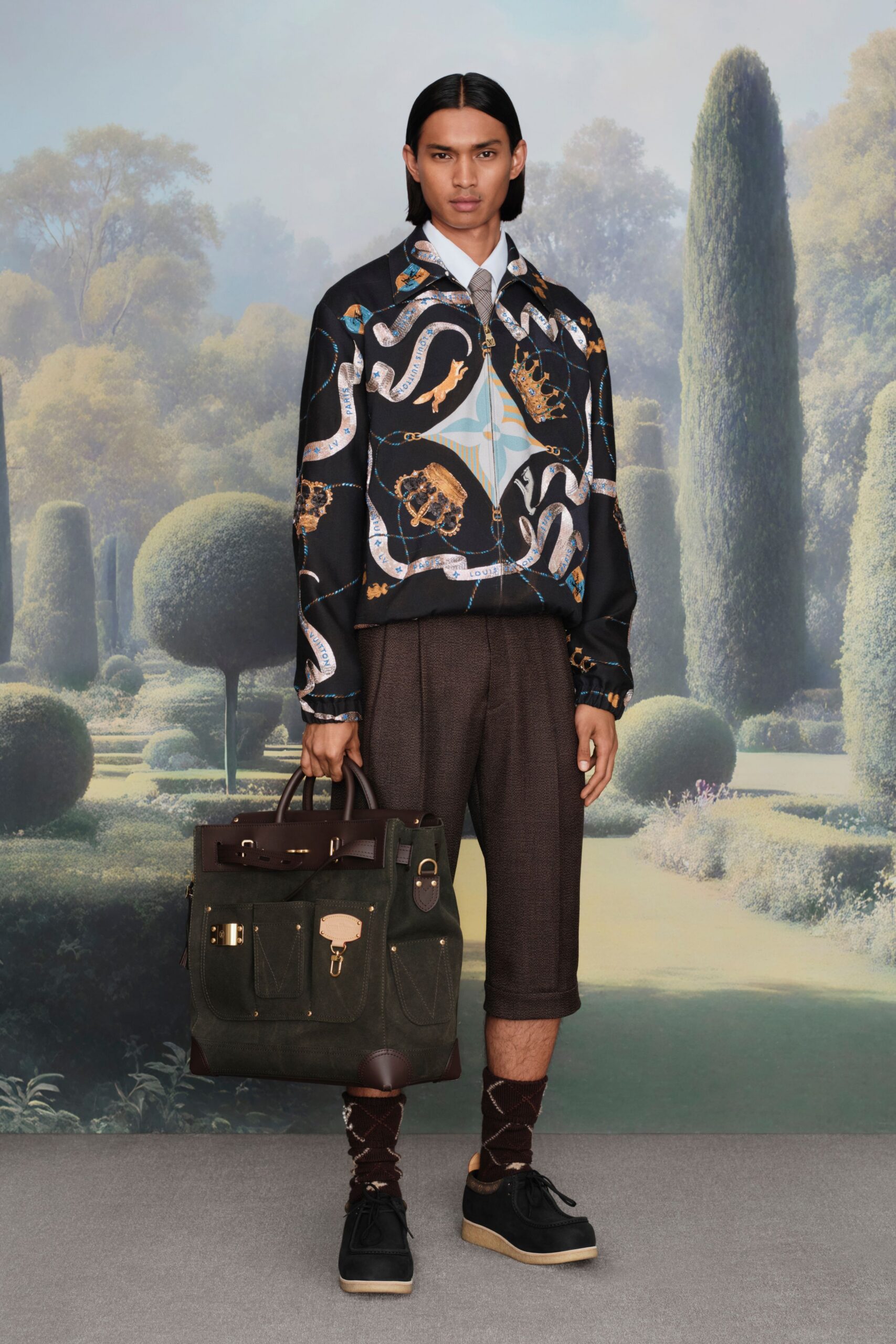 black printed shirt with brown pants
