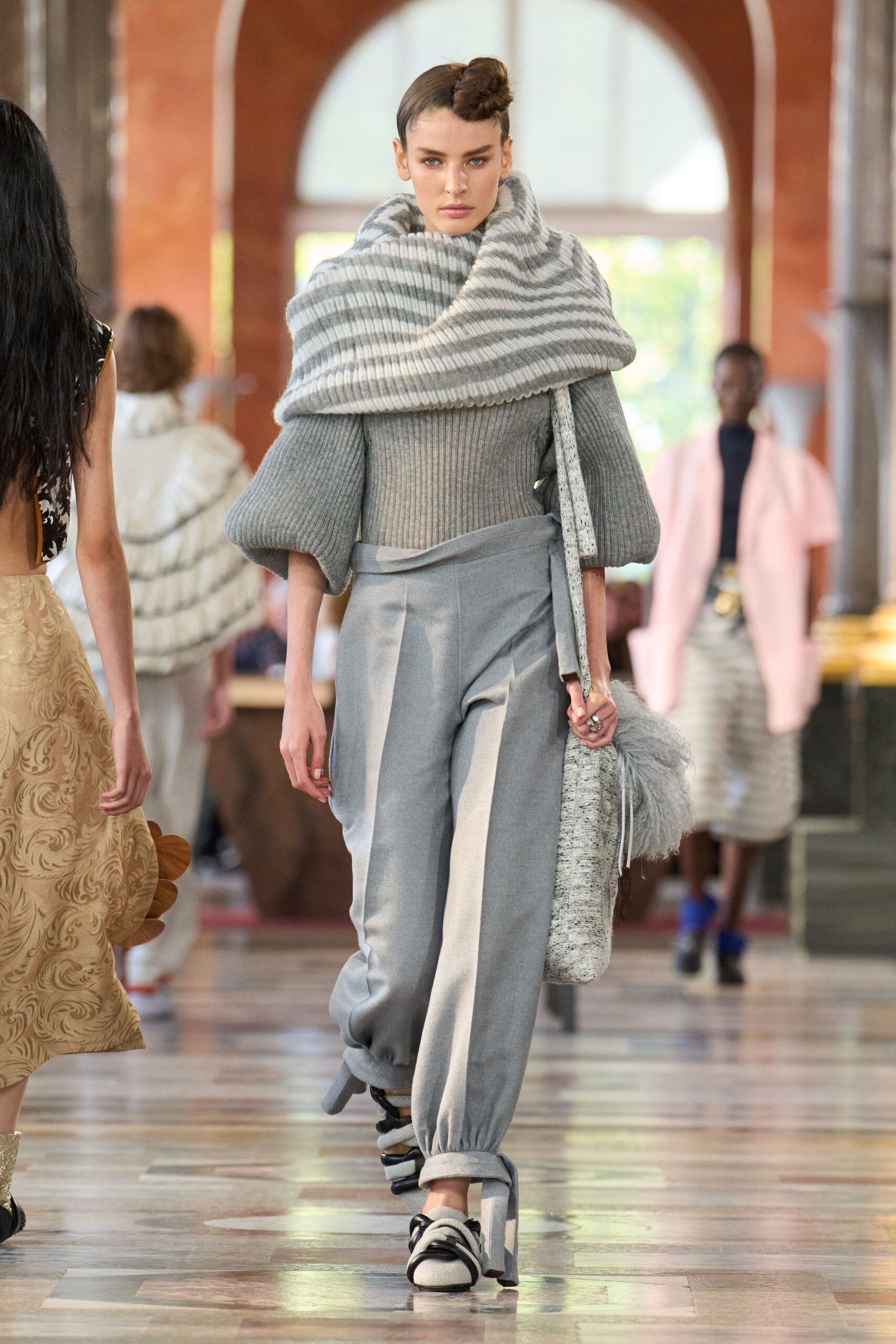 gray relaxed sweater with tailored pants
