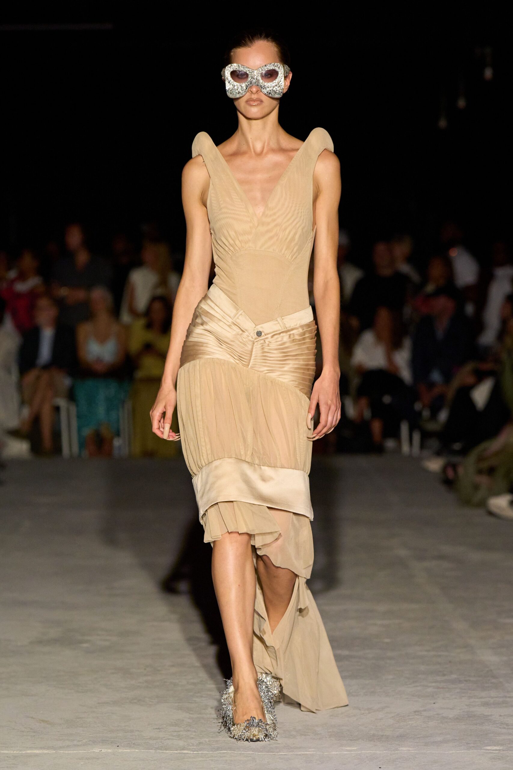 beige silk sleeveless v-neck fitted ruched flowing dress