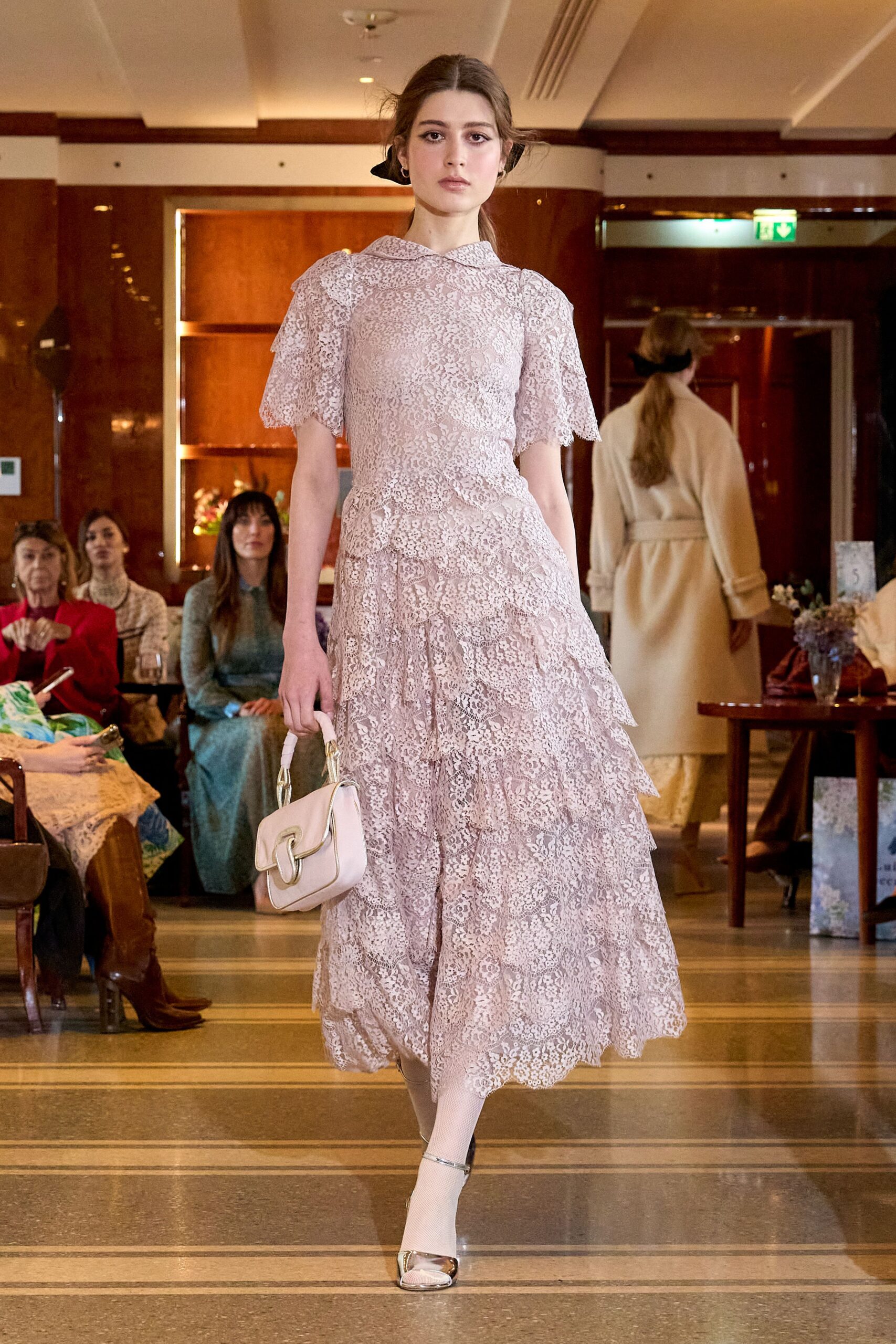 pink lace short-sleeve high-neck fitted tiered embroidered dress