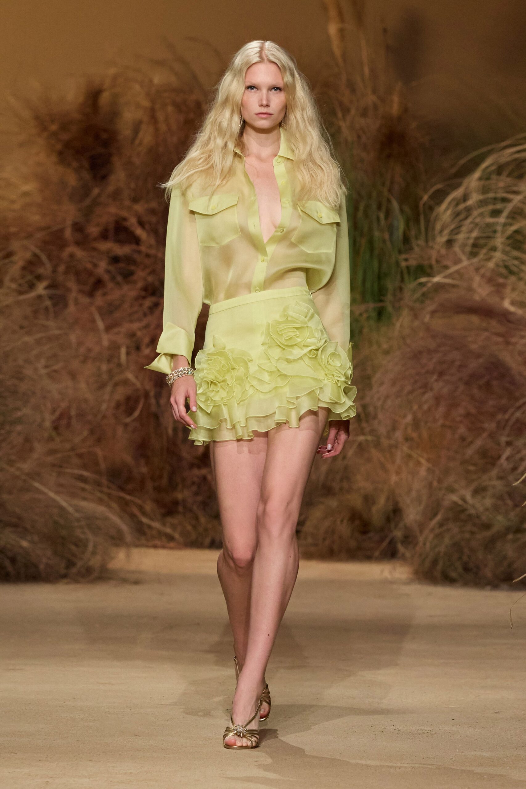 yellow silk long-sleeve v-neck fitted sheer cropped shirt