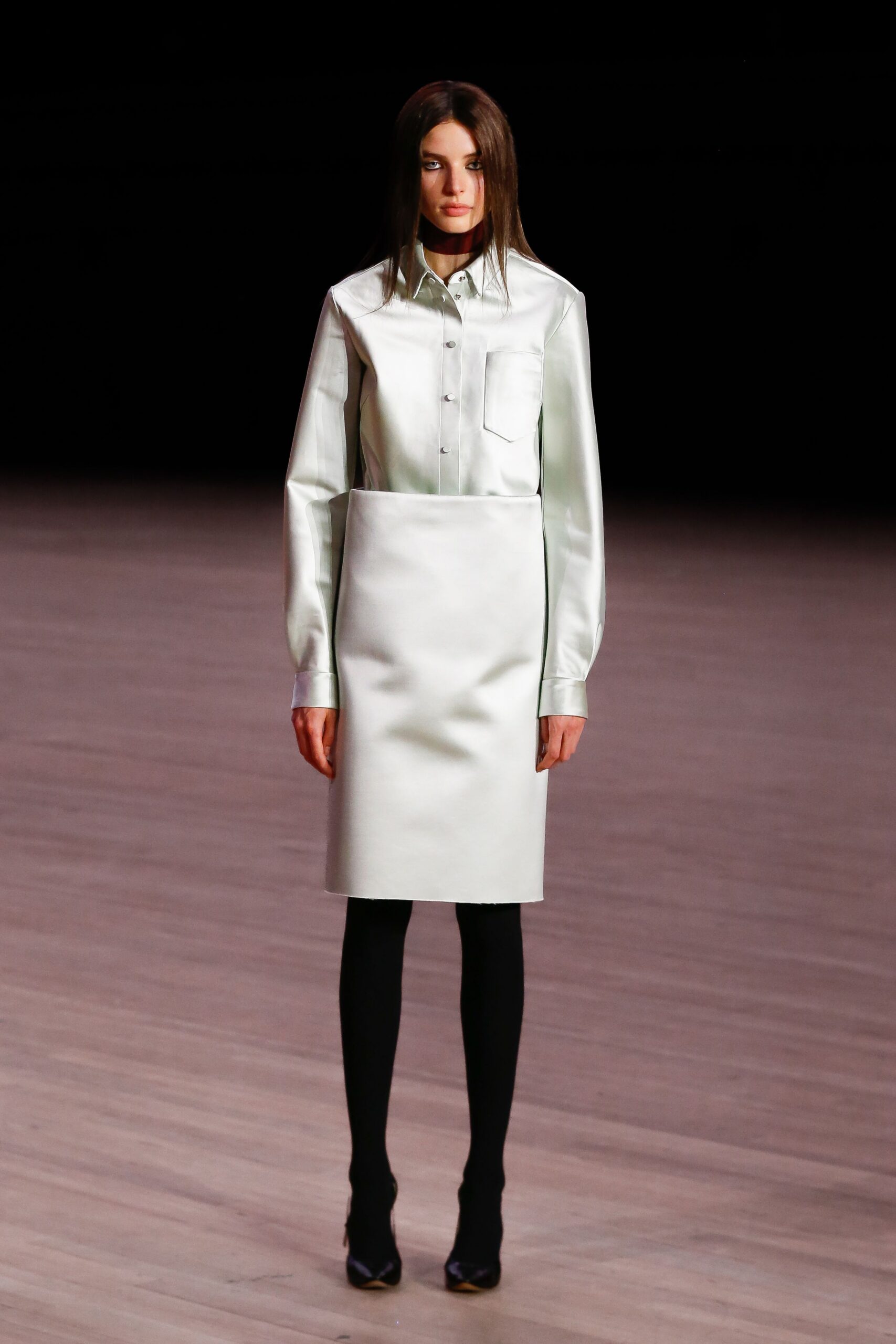 white silk long-sleeve collared fitted buttoned pockets shirt-dress