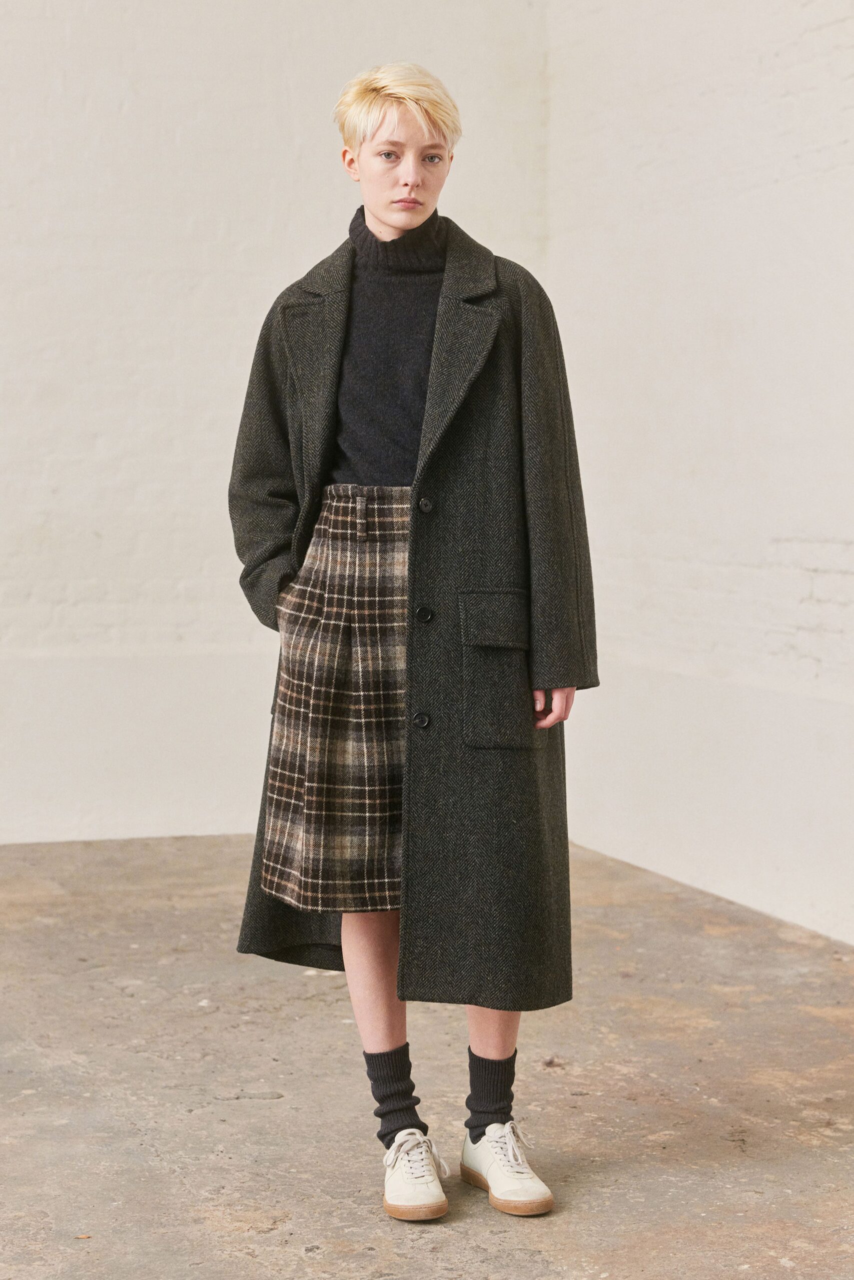 gray wool coat with black top