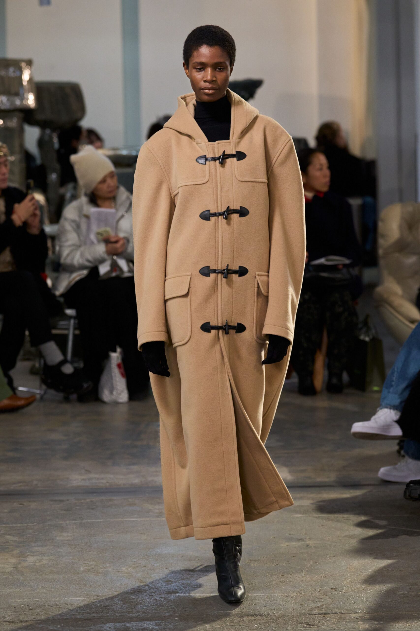 beige wool long-sleeve collared oversized buttoned maxi coat