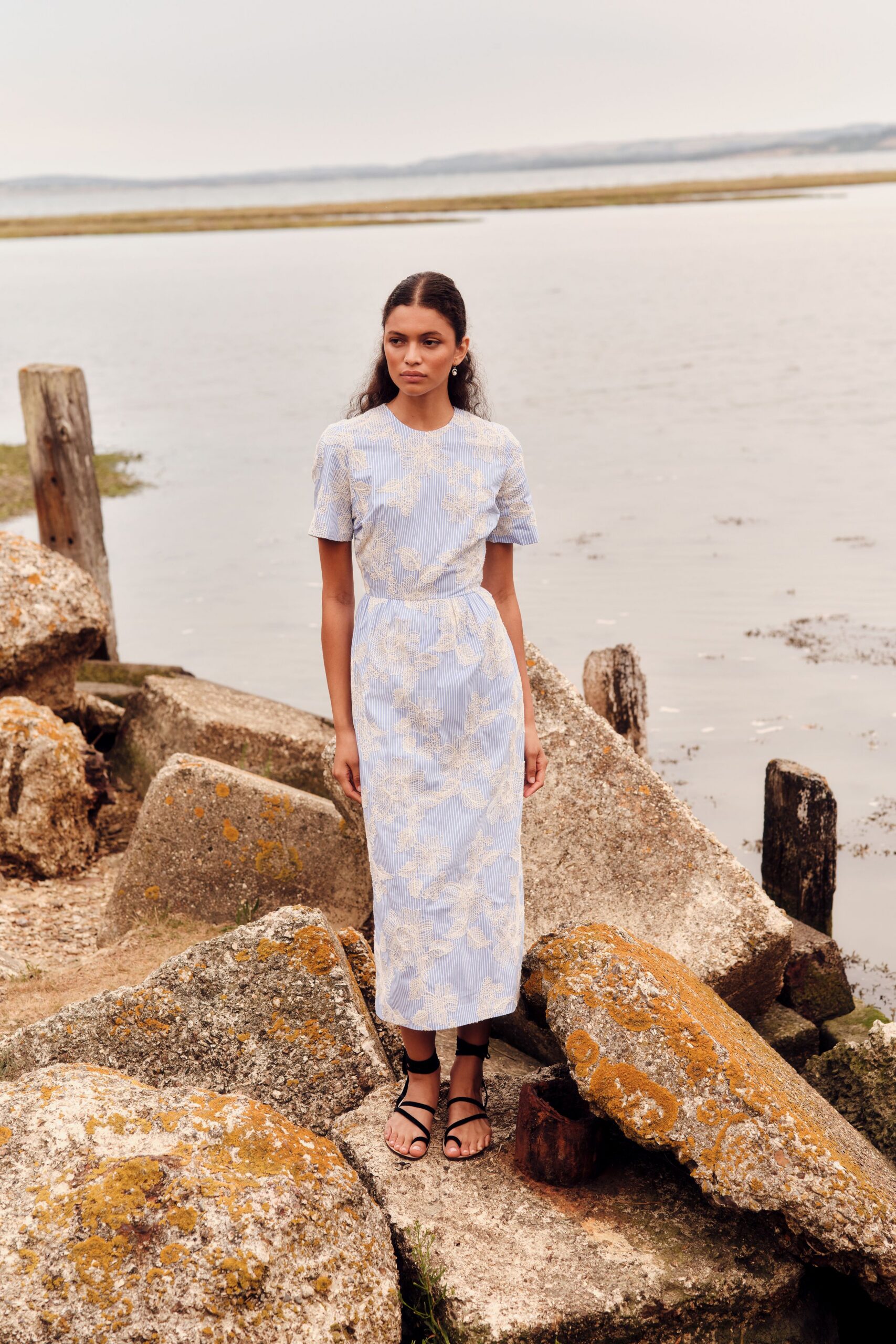 blue embroidered midi dress with sandals