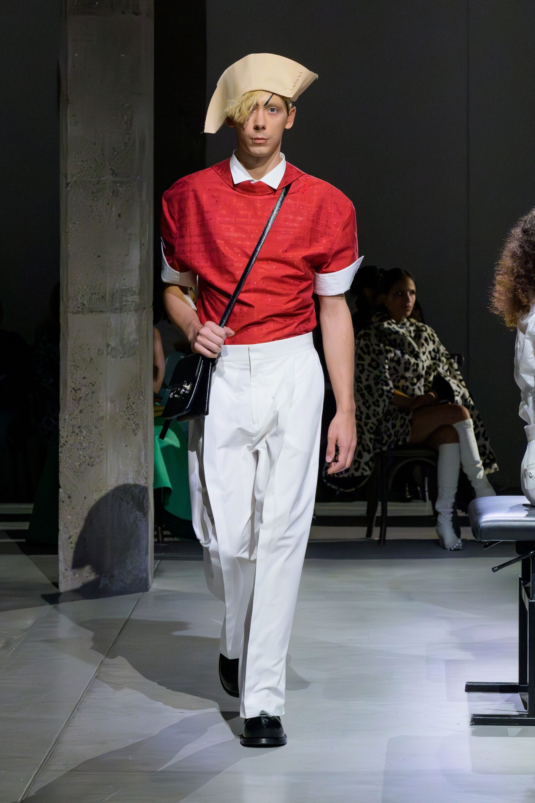 red cotton short-sleeve collared fitted pleated shirt