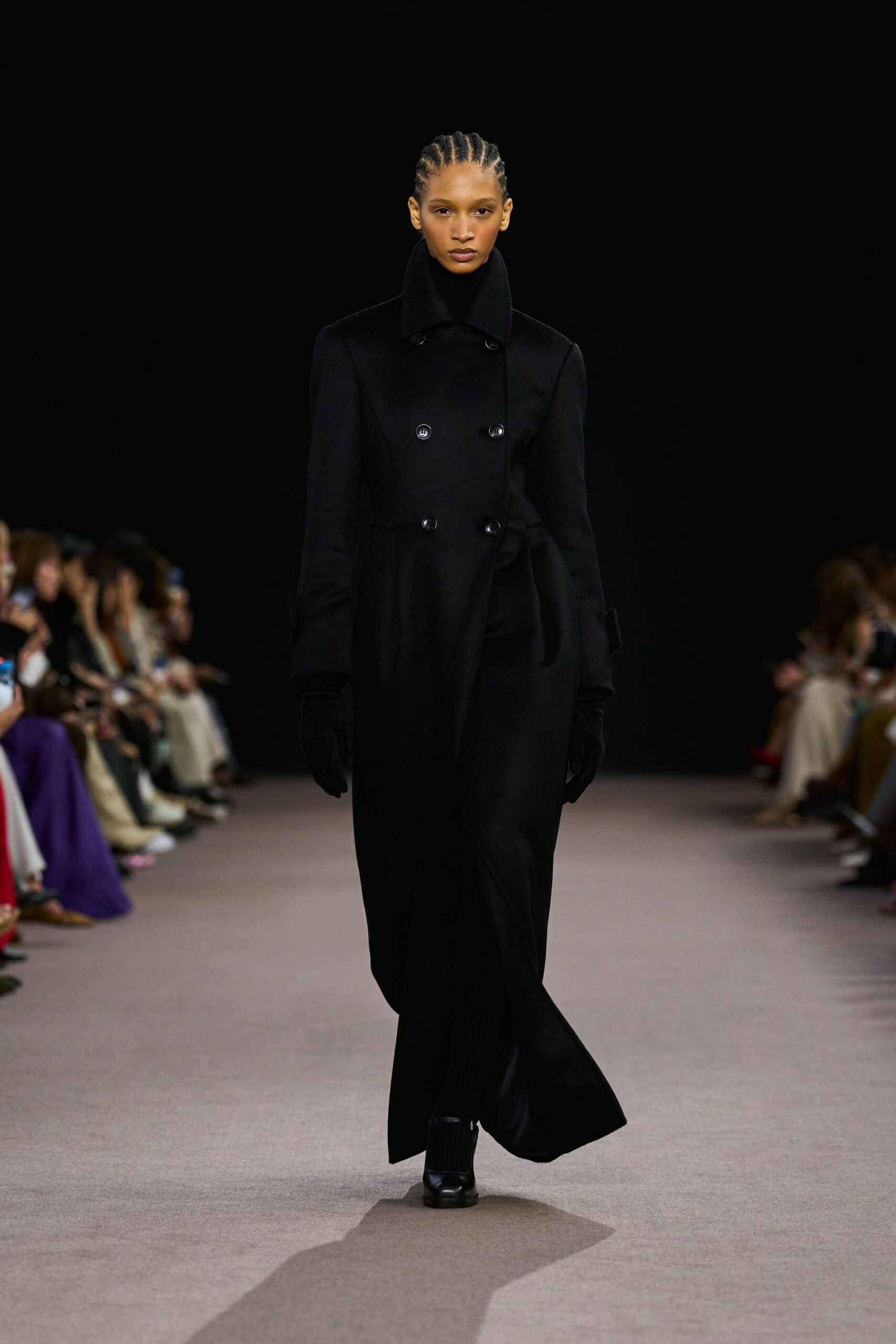 black wool long-sleeve collared fitted belted maxi coat