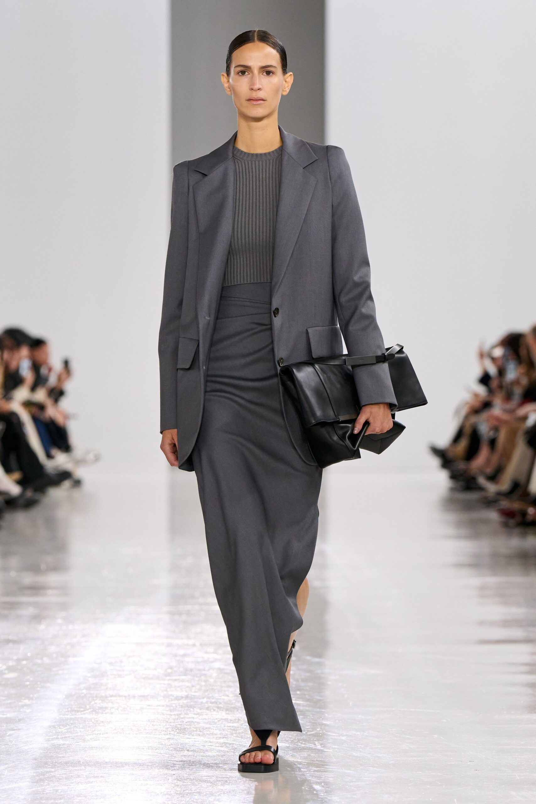 gray cotton slit fitted pencil midi skirt