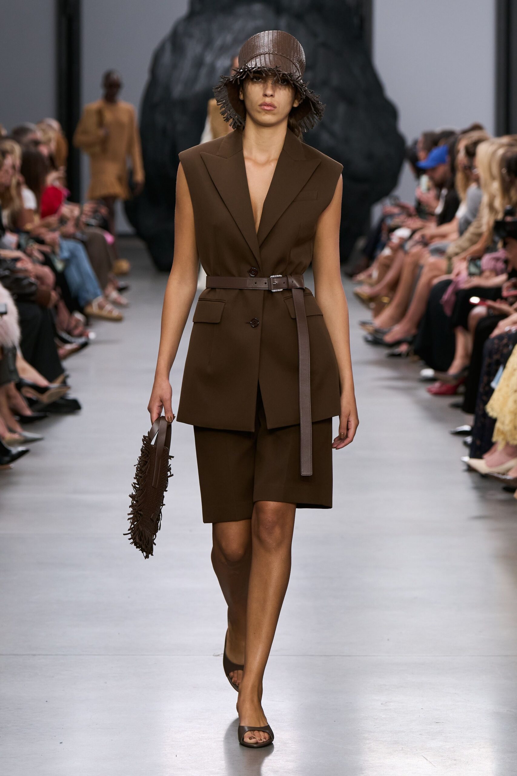 brown cotton sleeveless collared tailored belted blazer