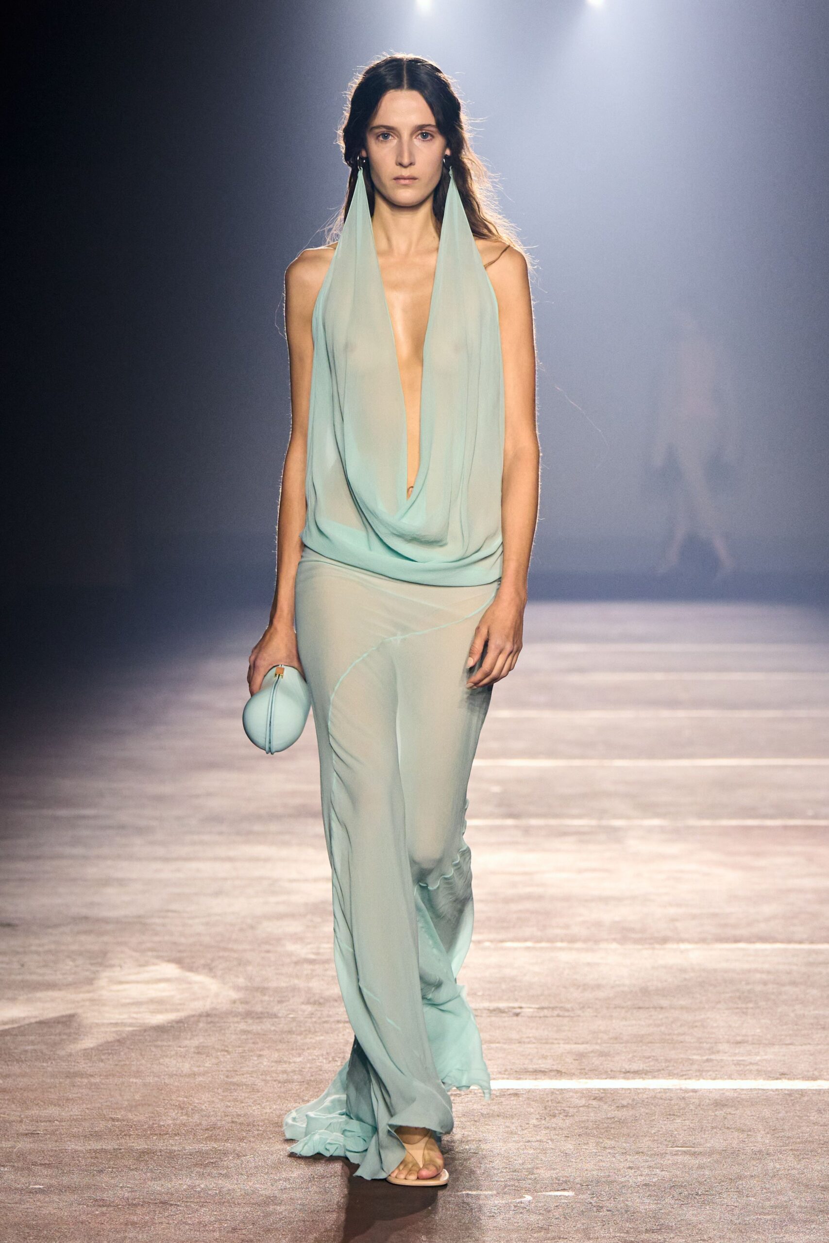 teal chiffon sleeveless v-neck fitted draped flowing gown