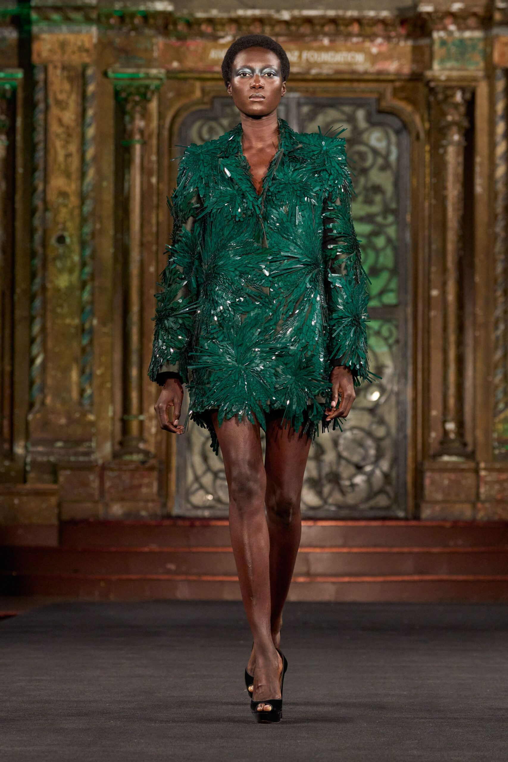 green silk long-sleeve collared fitted embellished ruffled dress