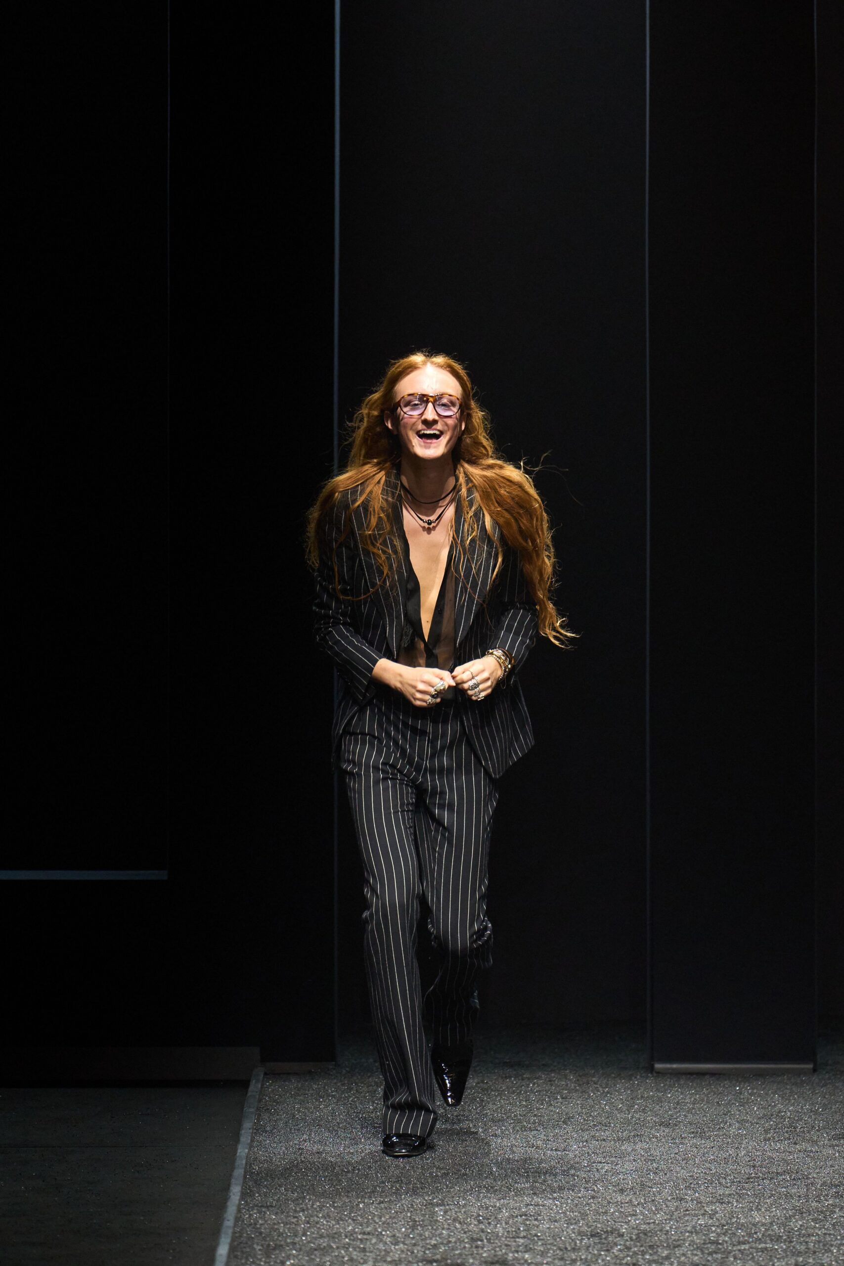black and white striped suit
