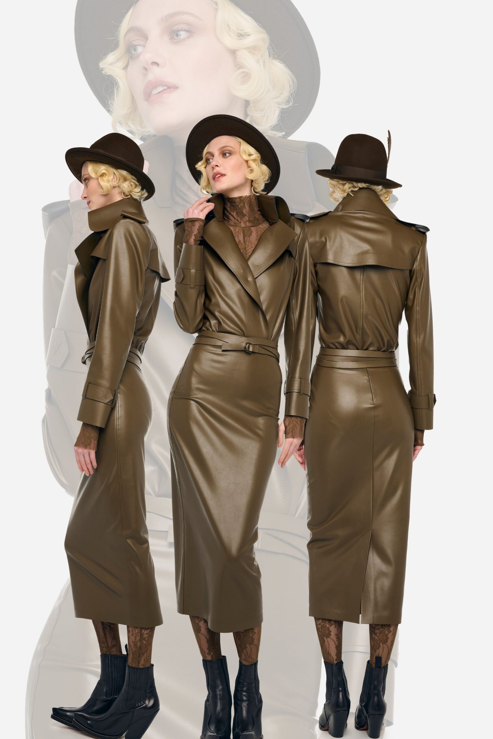 brown leather long-sleeve collared fitted pencil zippered dress