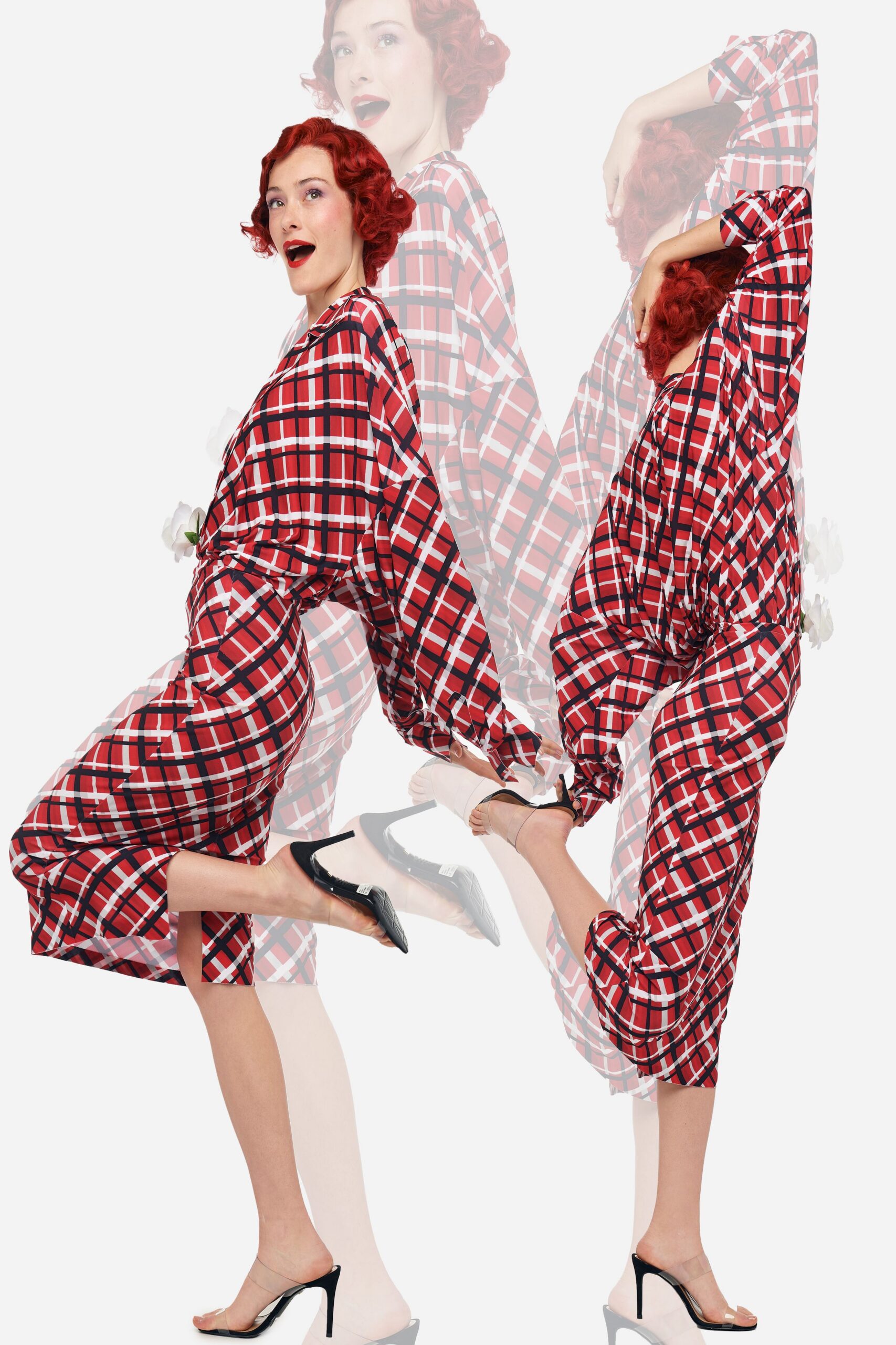 red cotton long-sleeve collared relaxed checked midi dress