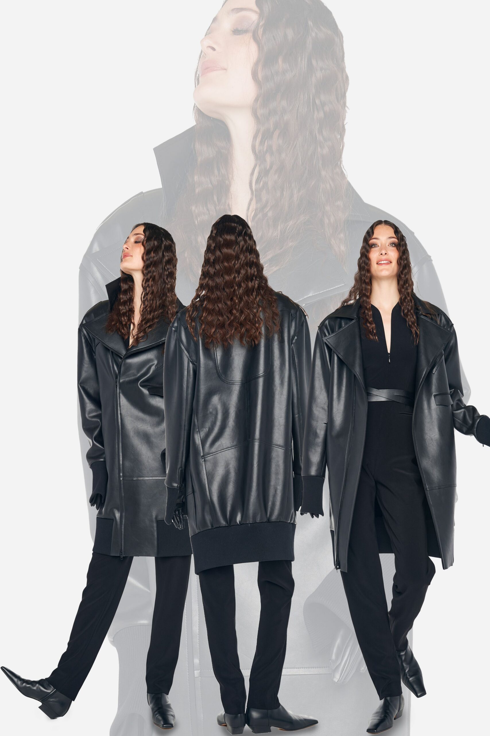 black leather long-sleeve collared oversized coat