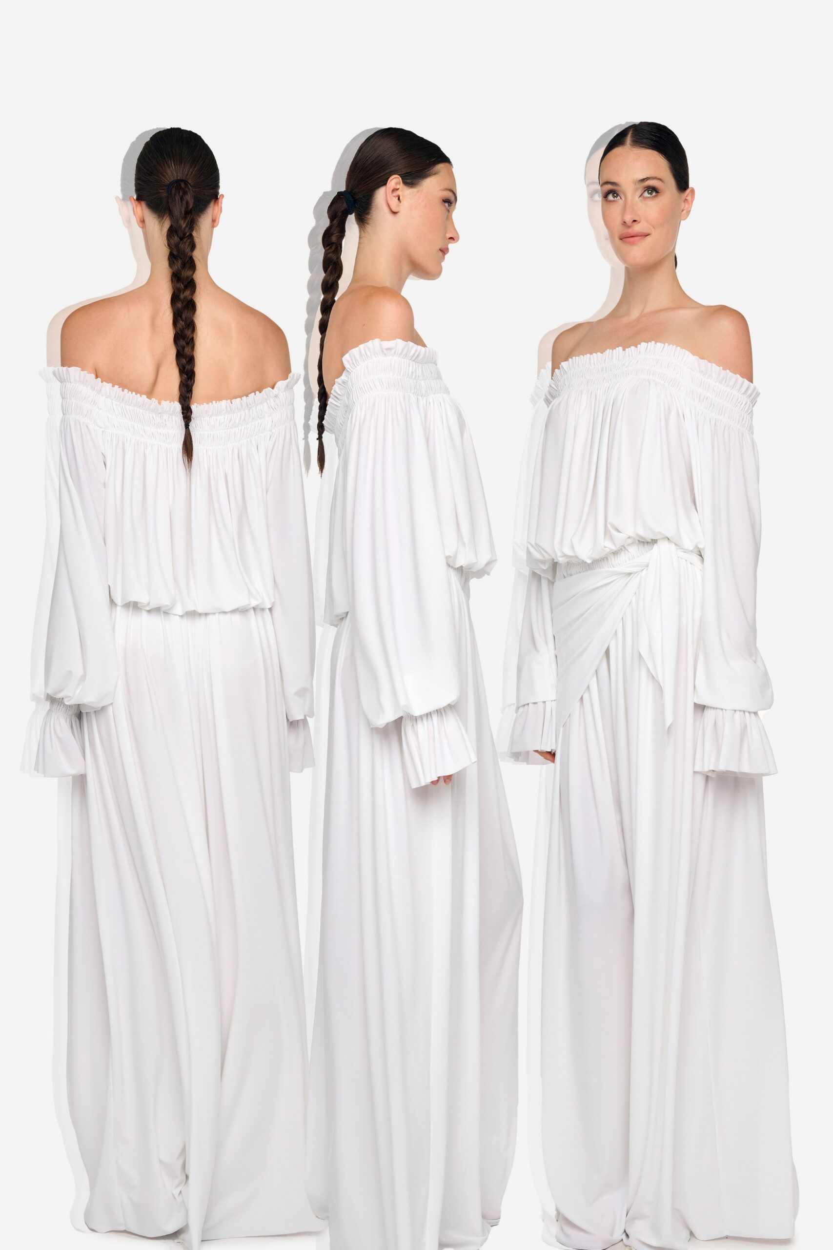 white off-shoulder relaxed jumpsuit