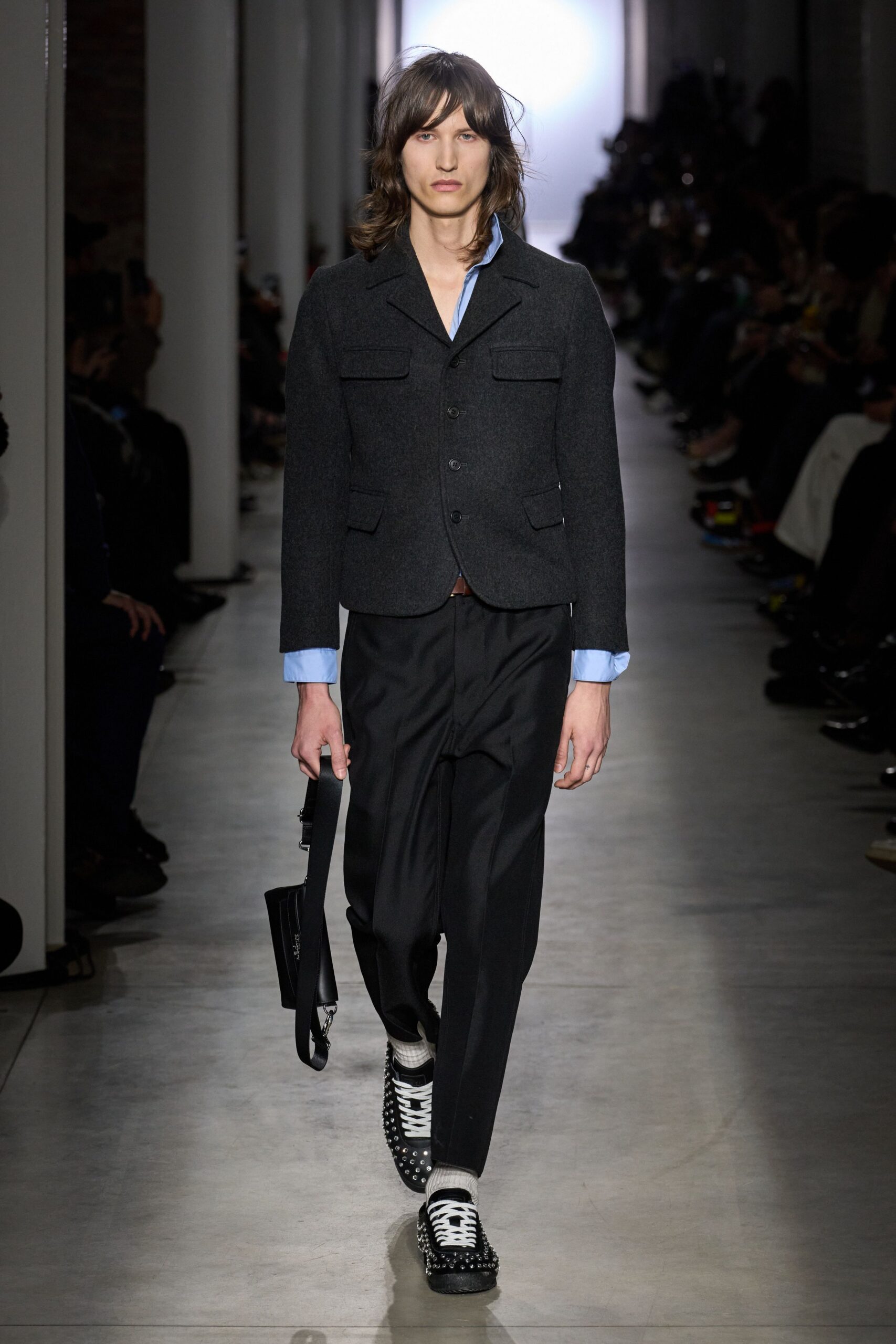 gray wool long-sleeve collared structured jacket
