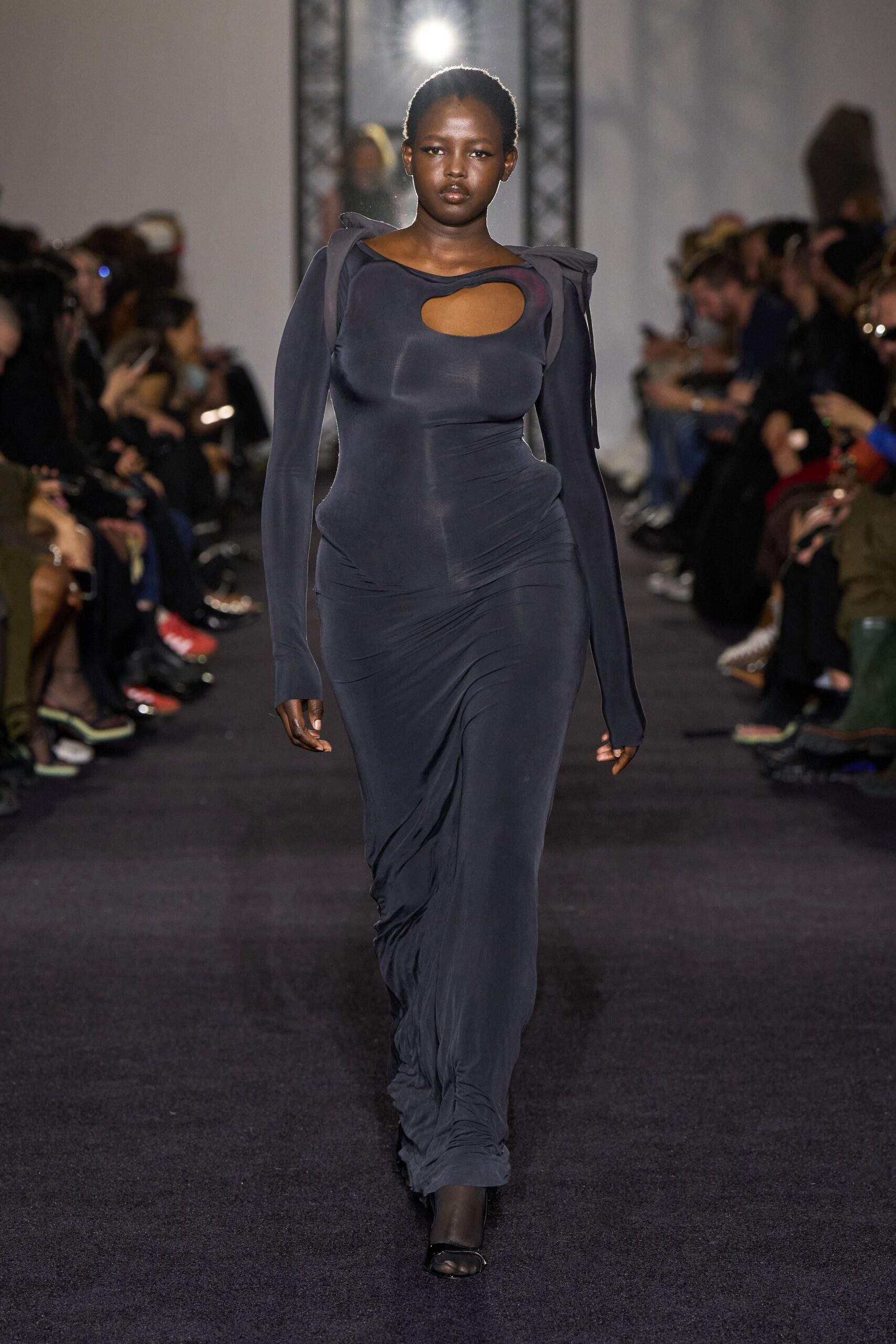 black cotton long-sleeve cutout fitted draped flowing dress