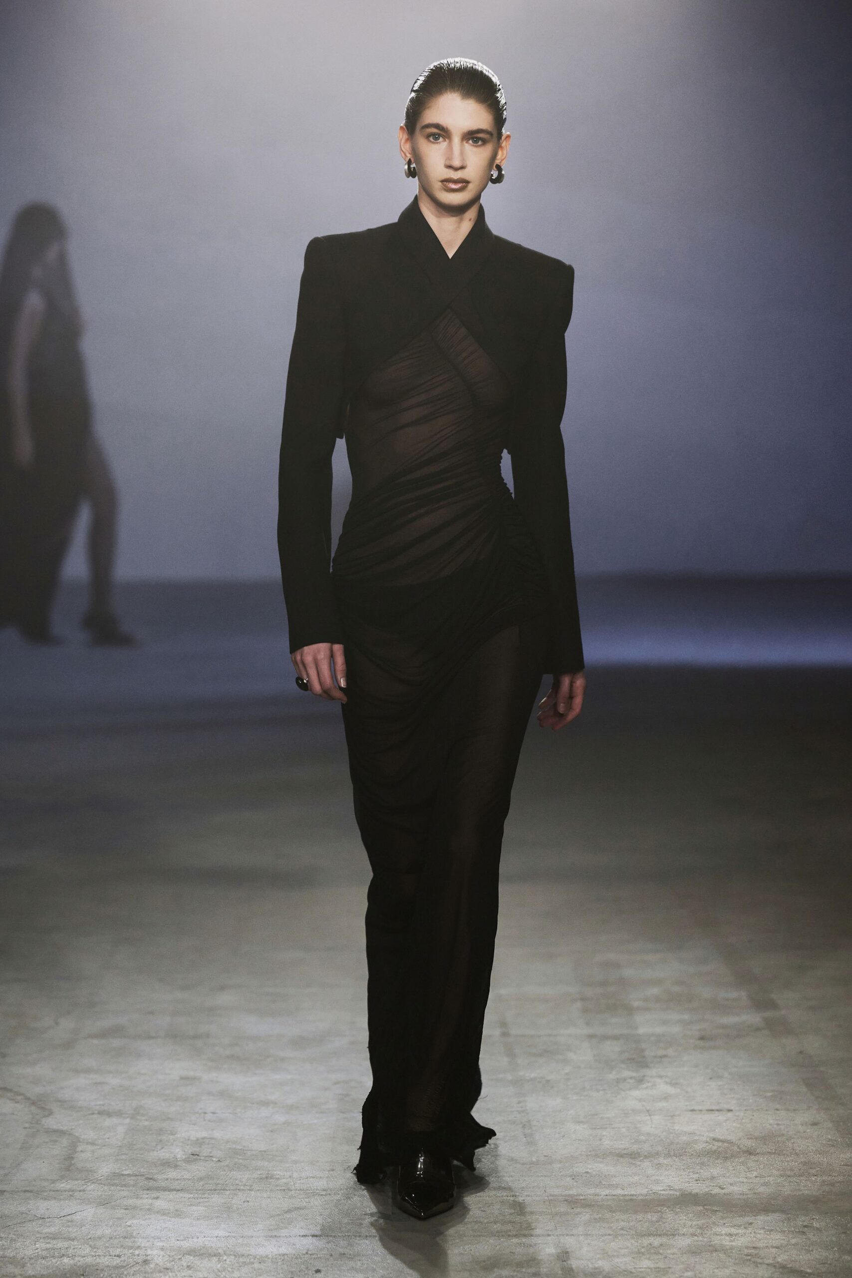black fitted sheer gown with long sleeves