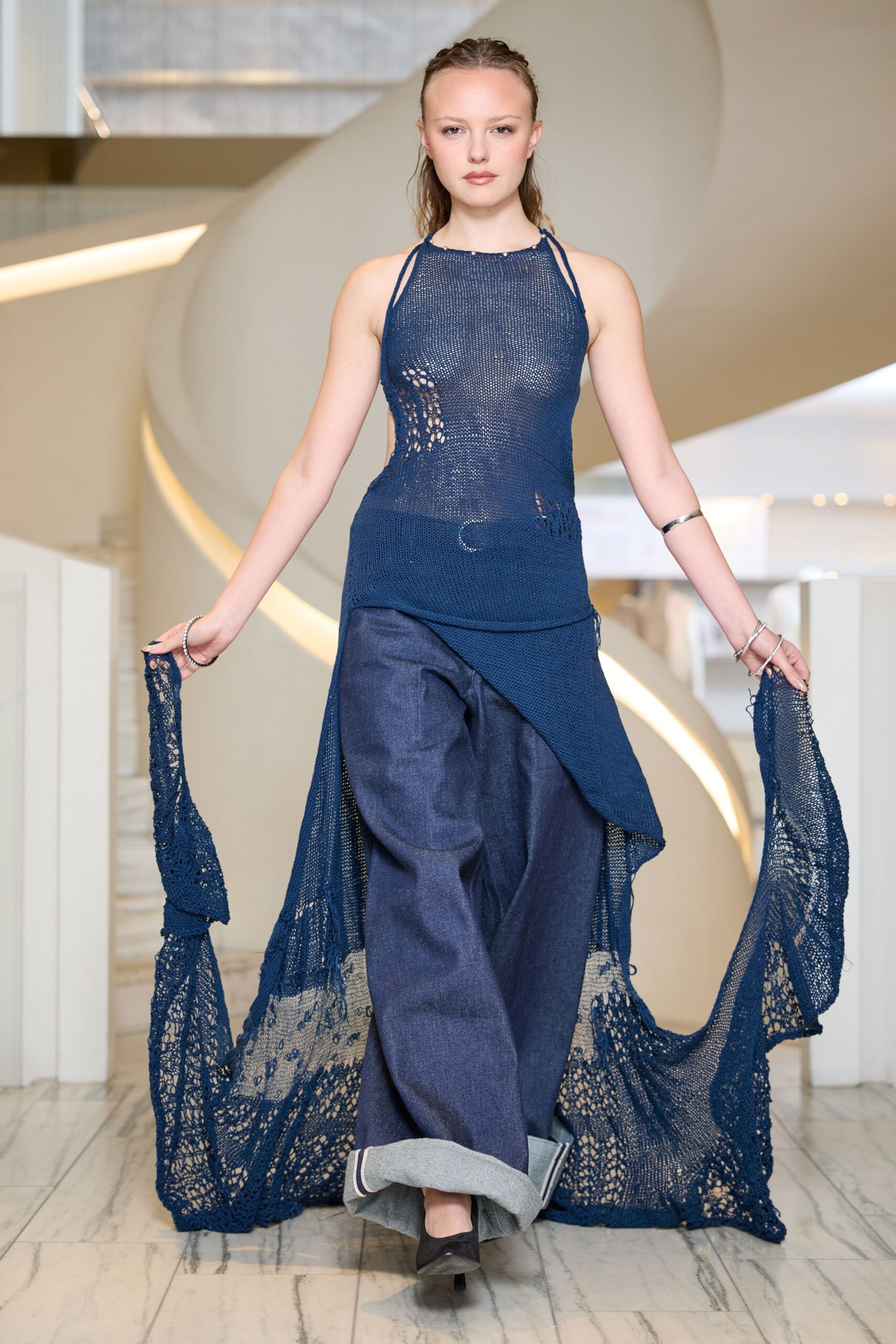 blue cotton sleeveless halter fitted draped top