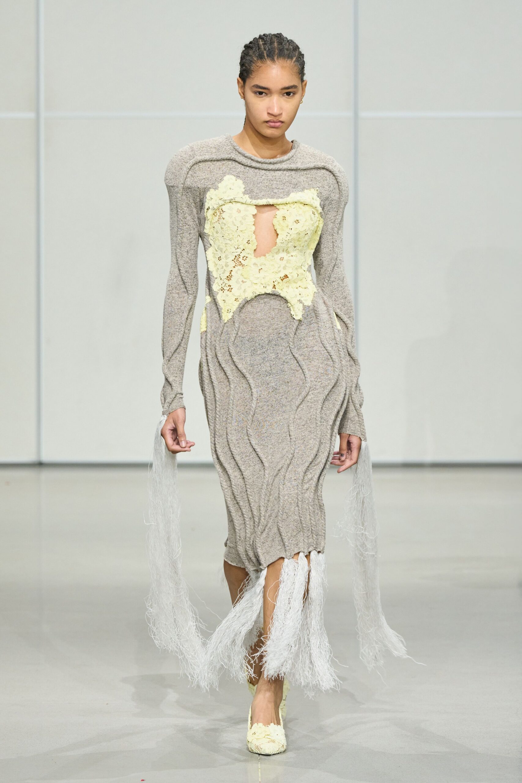 gray cotton long-sleeve cutout fitted ruffled layered dress