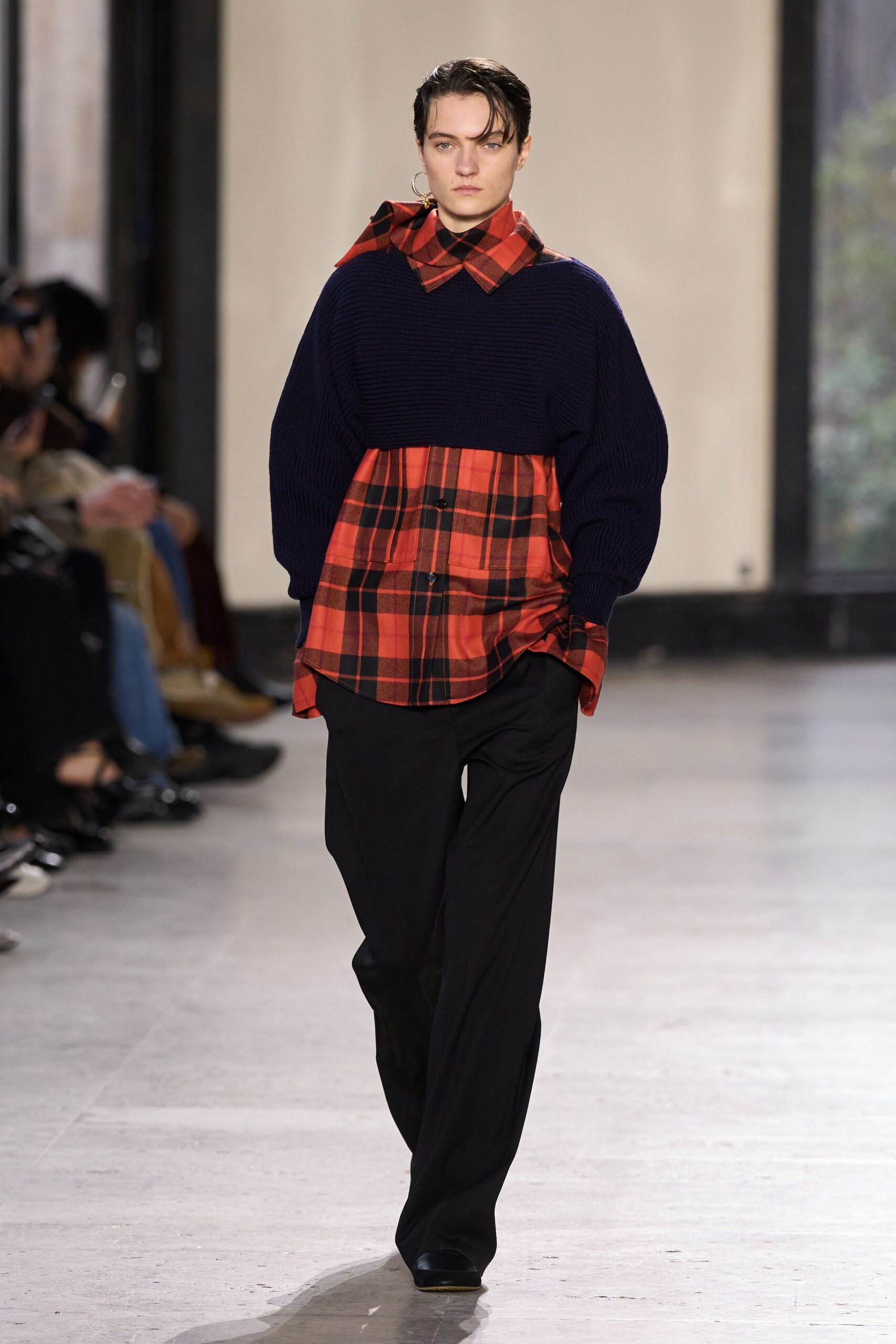 blue wool long-sleeve collared relaxed checked layered top