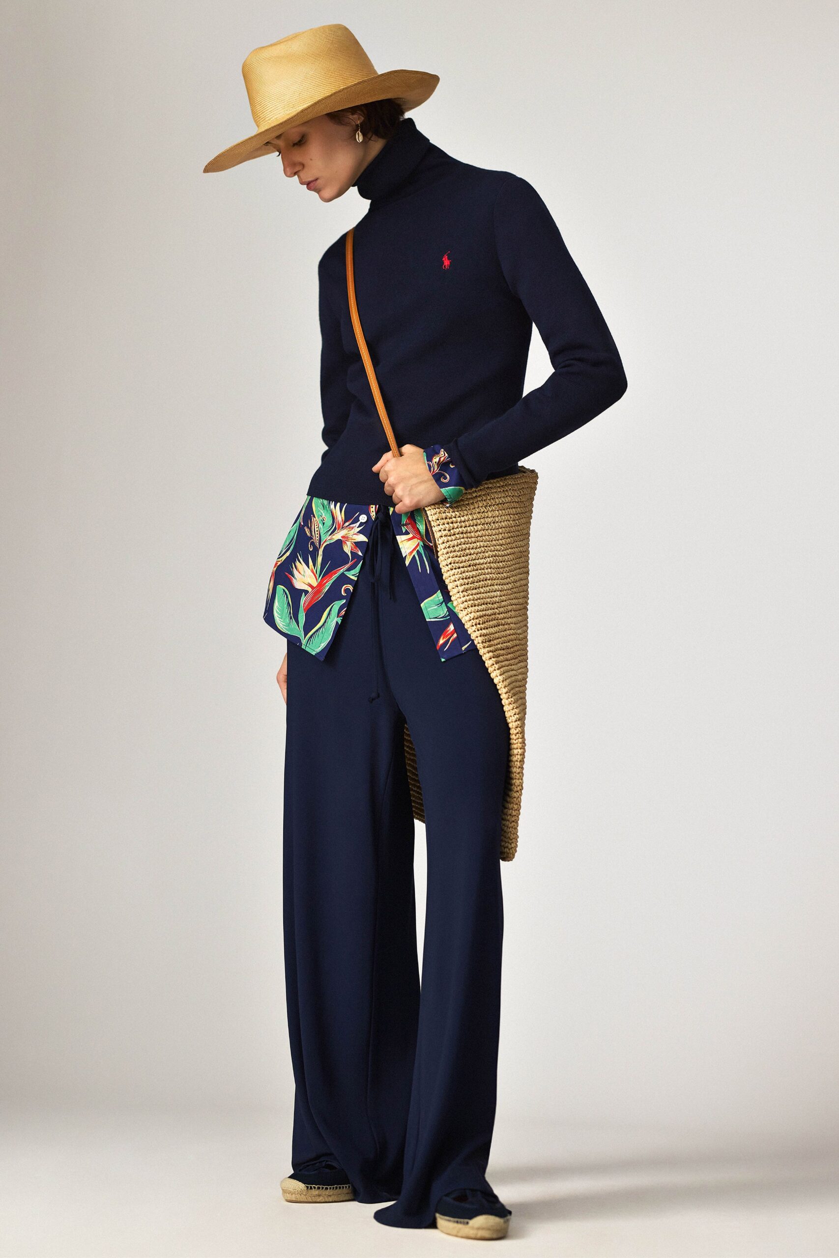 navy fitted top with wide-leg pants