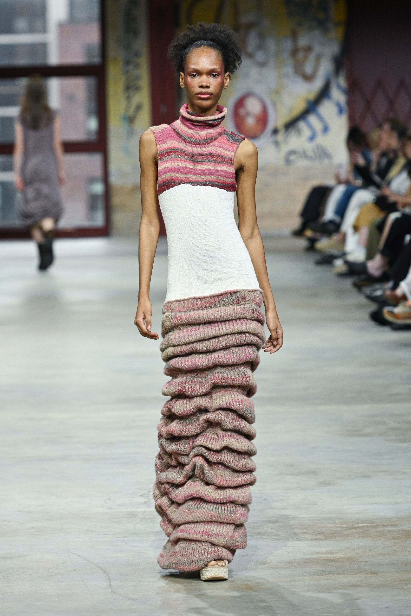 pink and white ruched maxi dress