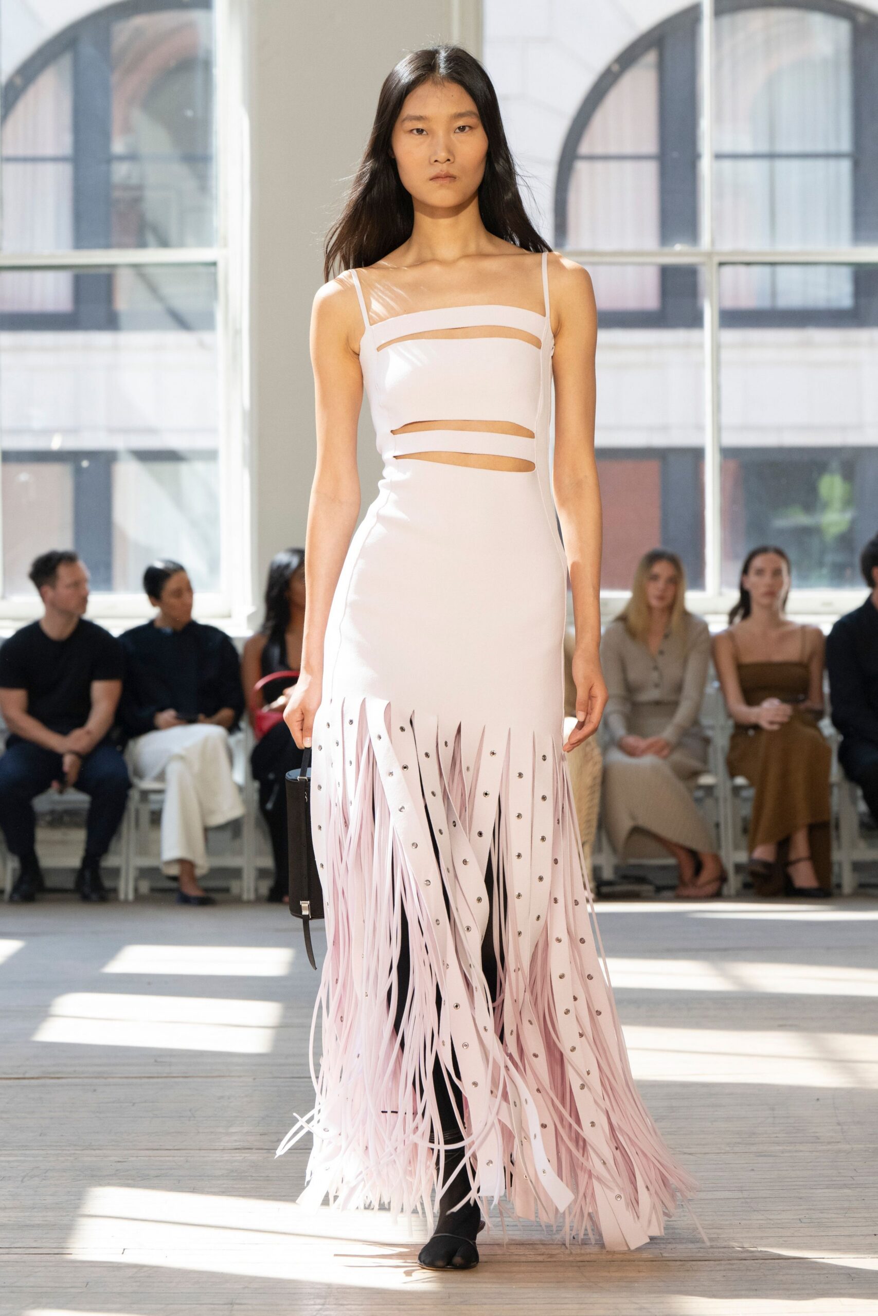 pink and white fringed maxi dress