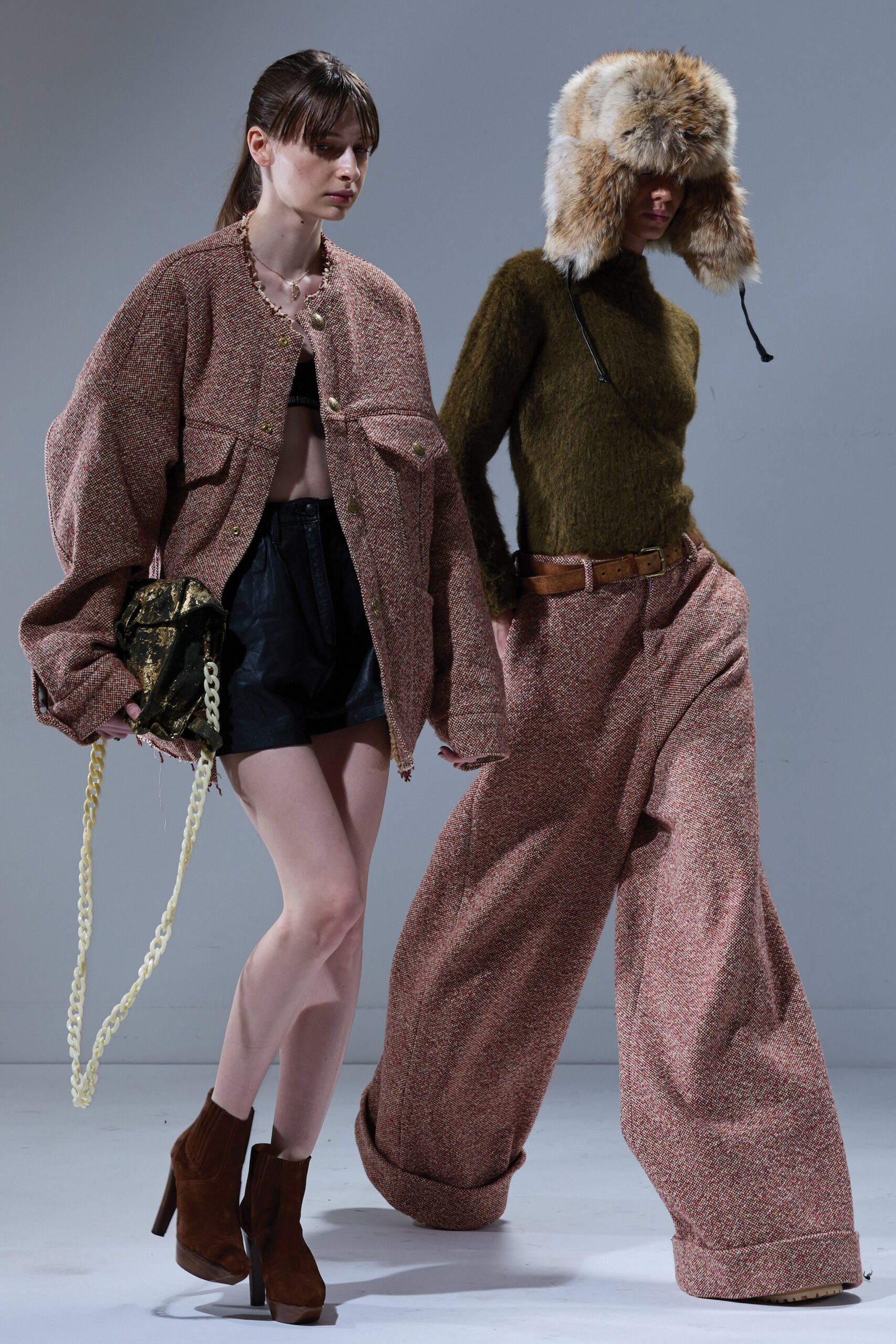 pink tweed long-sleeve collared oversized jacket