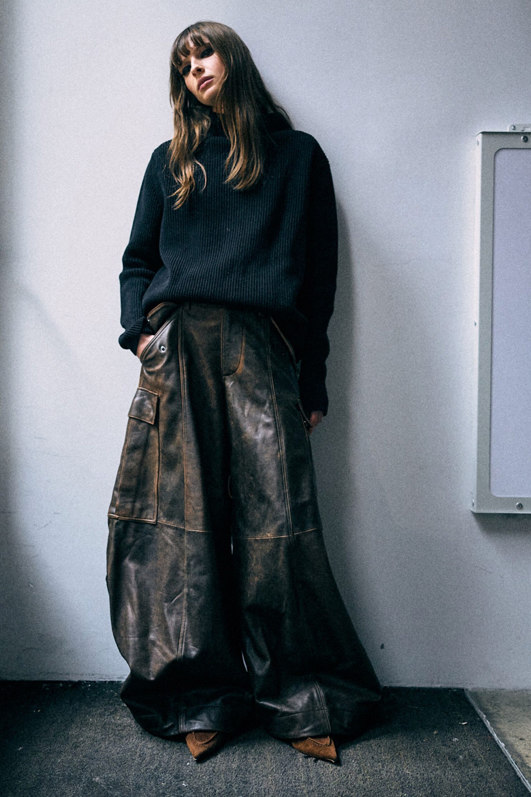 brown leather fitted high-waisted cargo pants