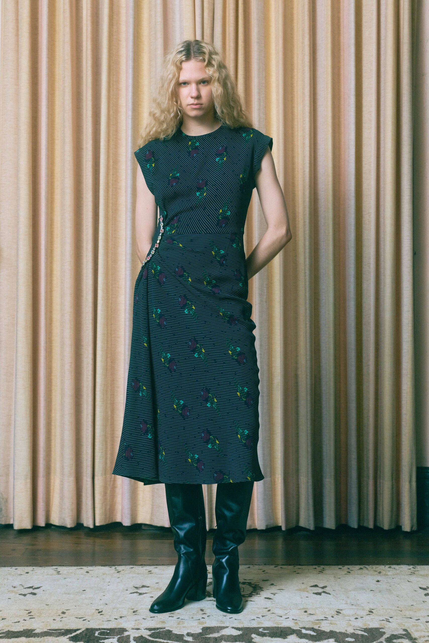 black cotton sleeveless high-neck fitted embroidered tiered dress