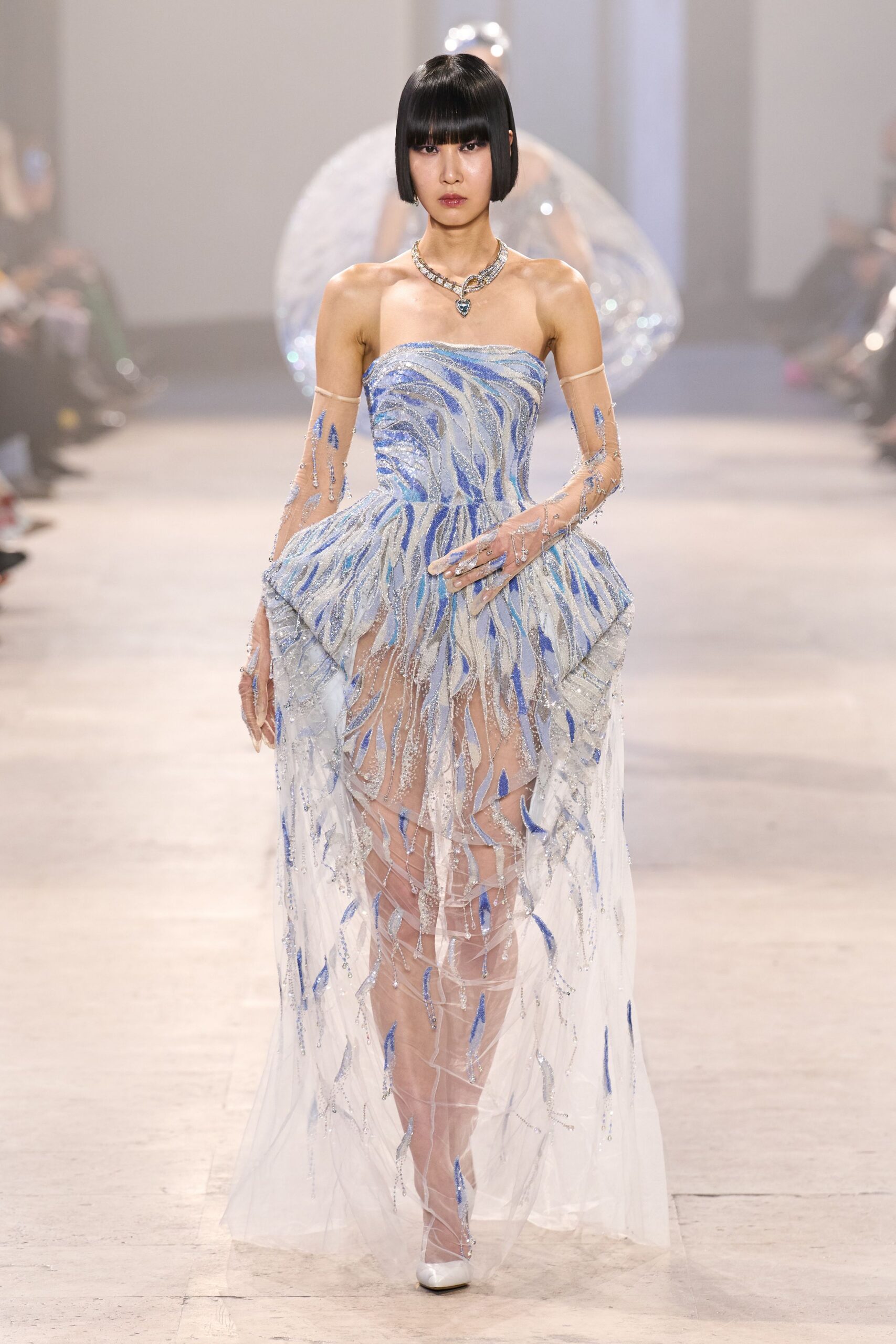 blue silk strapless fitted embroidered layered sheer gown