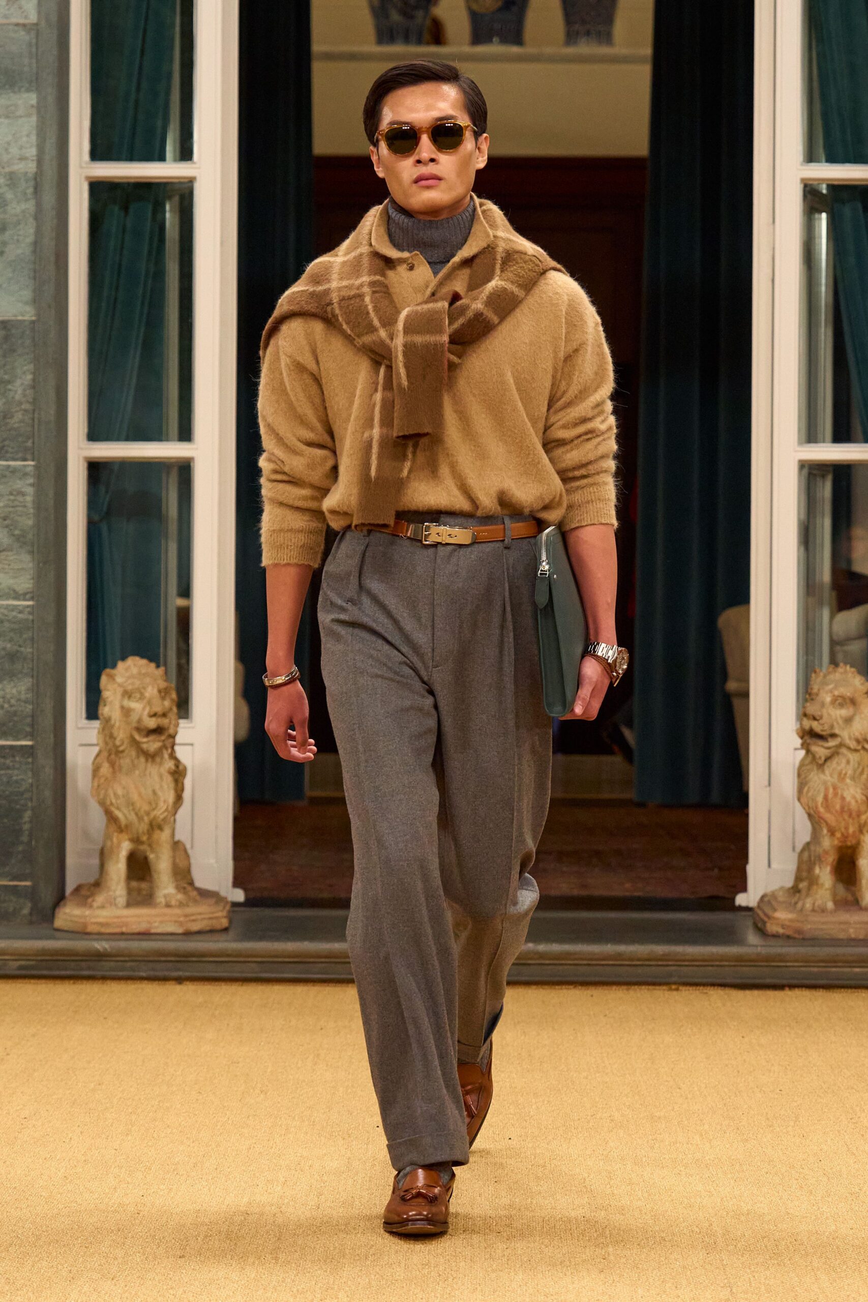 beige wool long-sleeve turtleneck relaxed layered sweater
