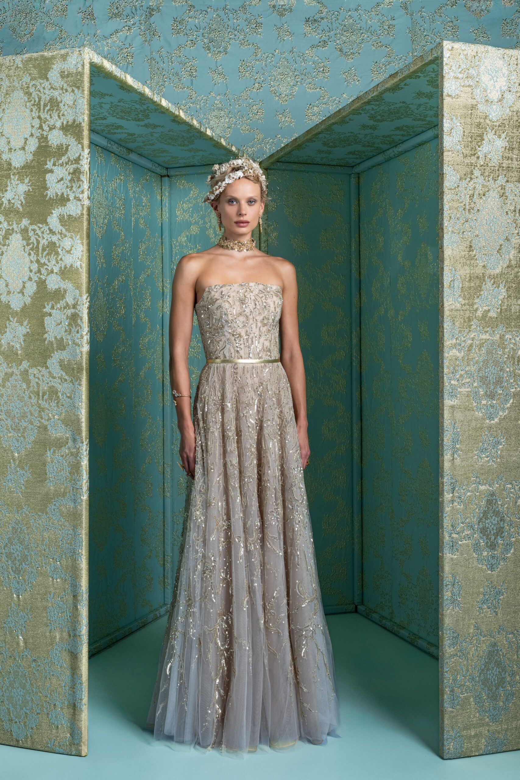 gold beige strapless gown
