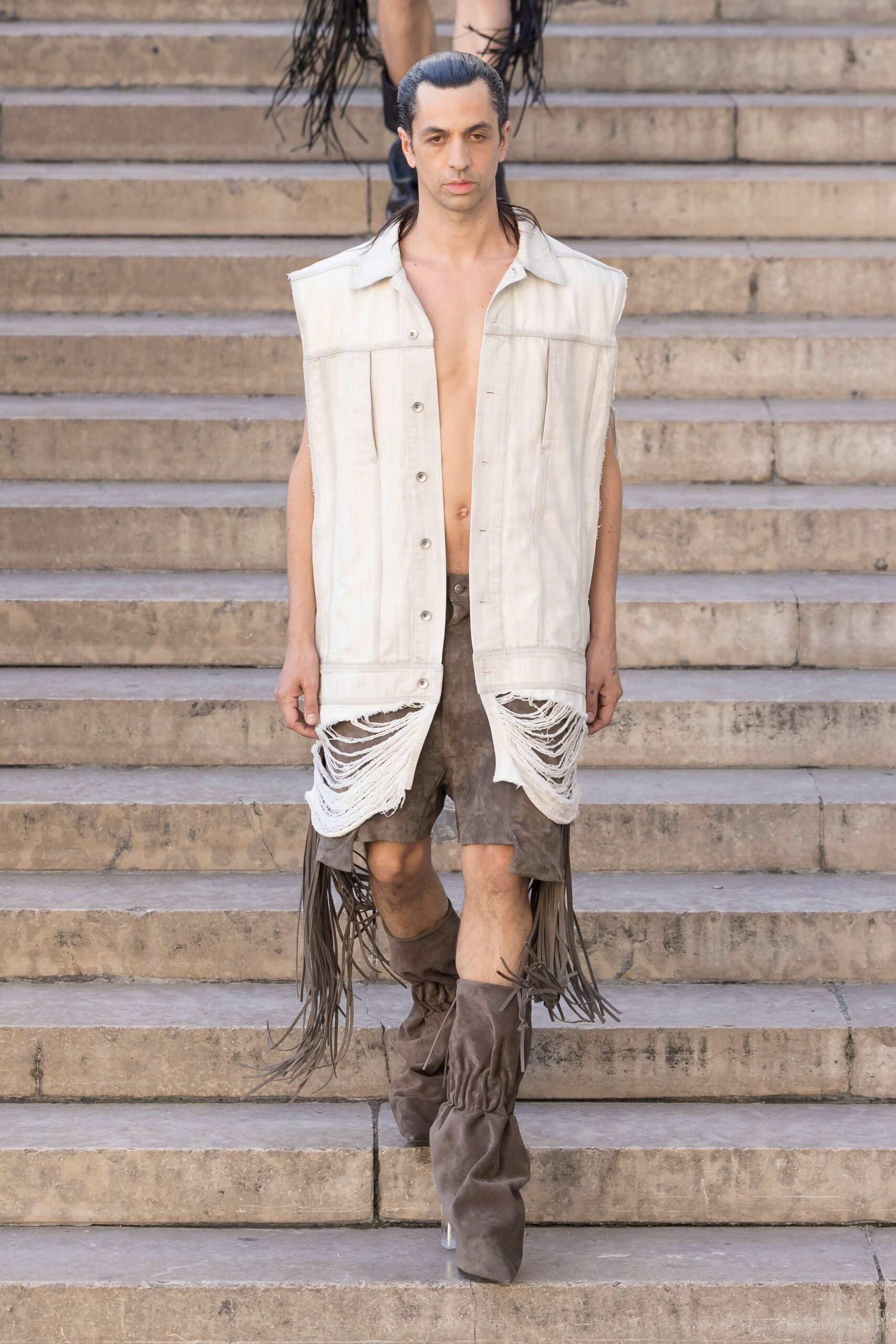 white cotton sleeveless collared oversized buttoned fringed vest