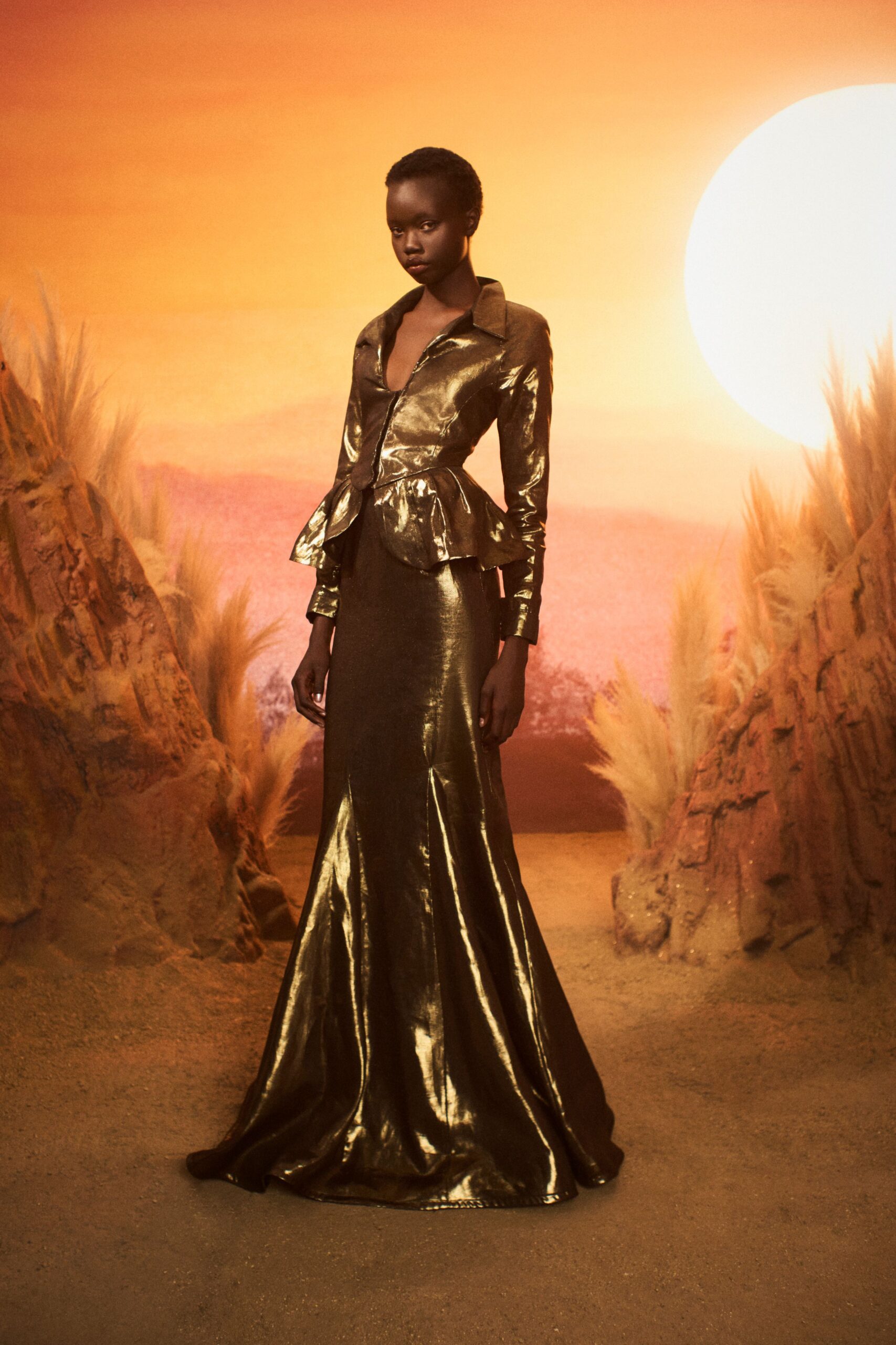 gold silk fitted gown