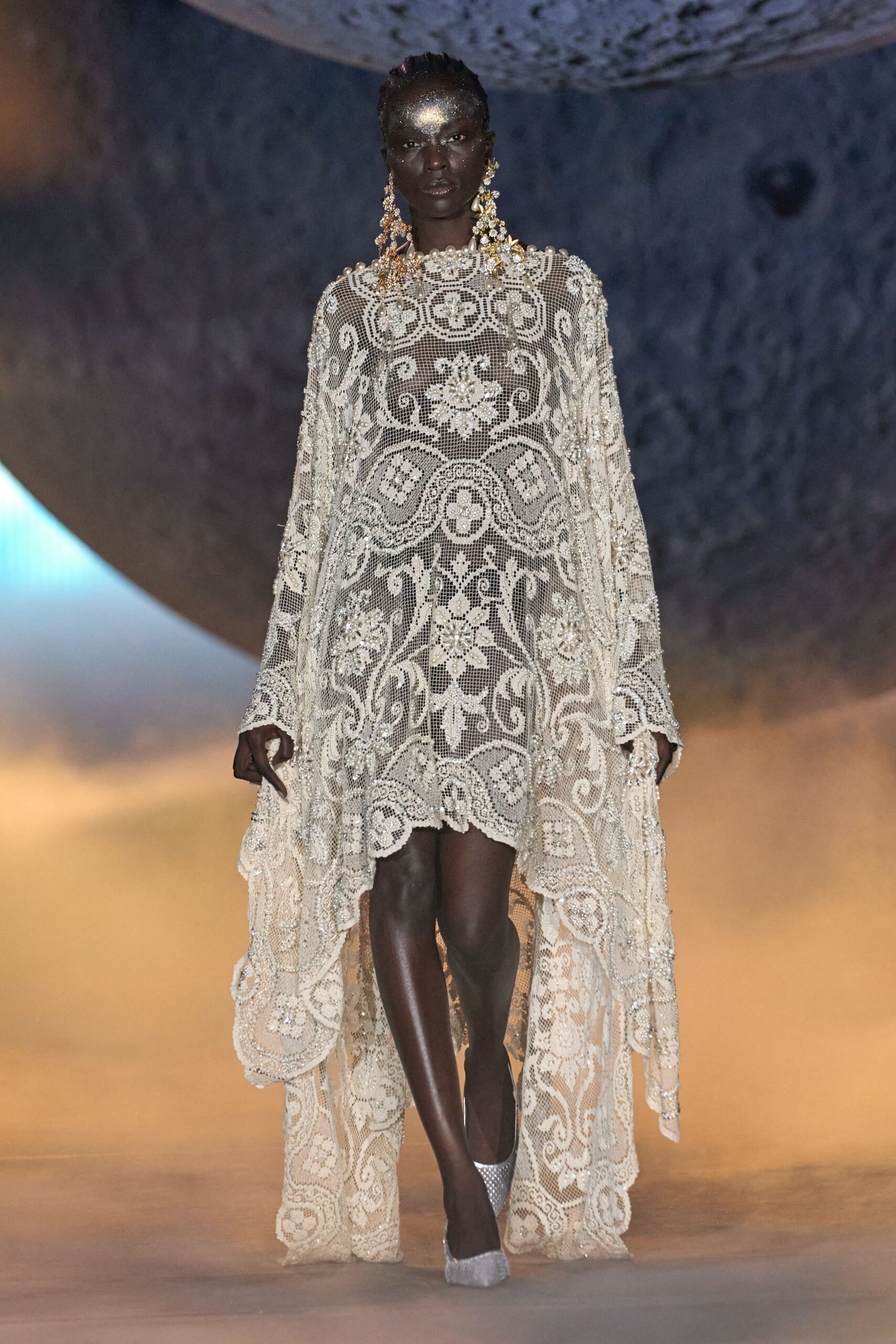 beige lace long-sleeve high-neck relaxed embroidered layered dress
