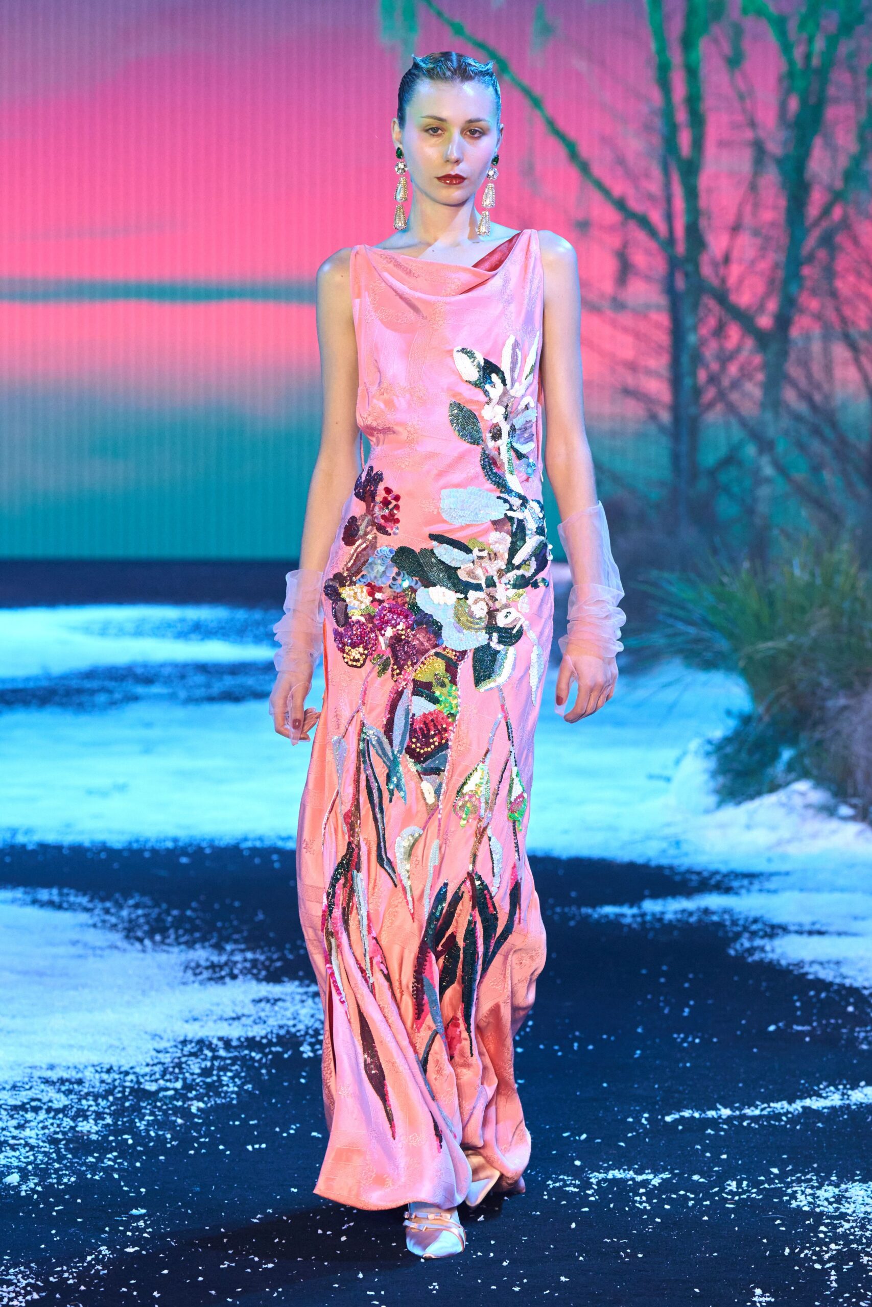 pink silk sleeveless high-neck fitted embroidered sequined gown