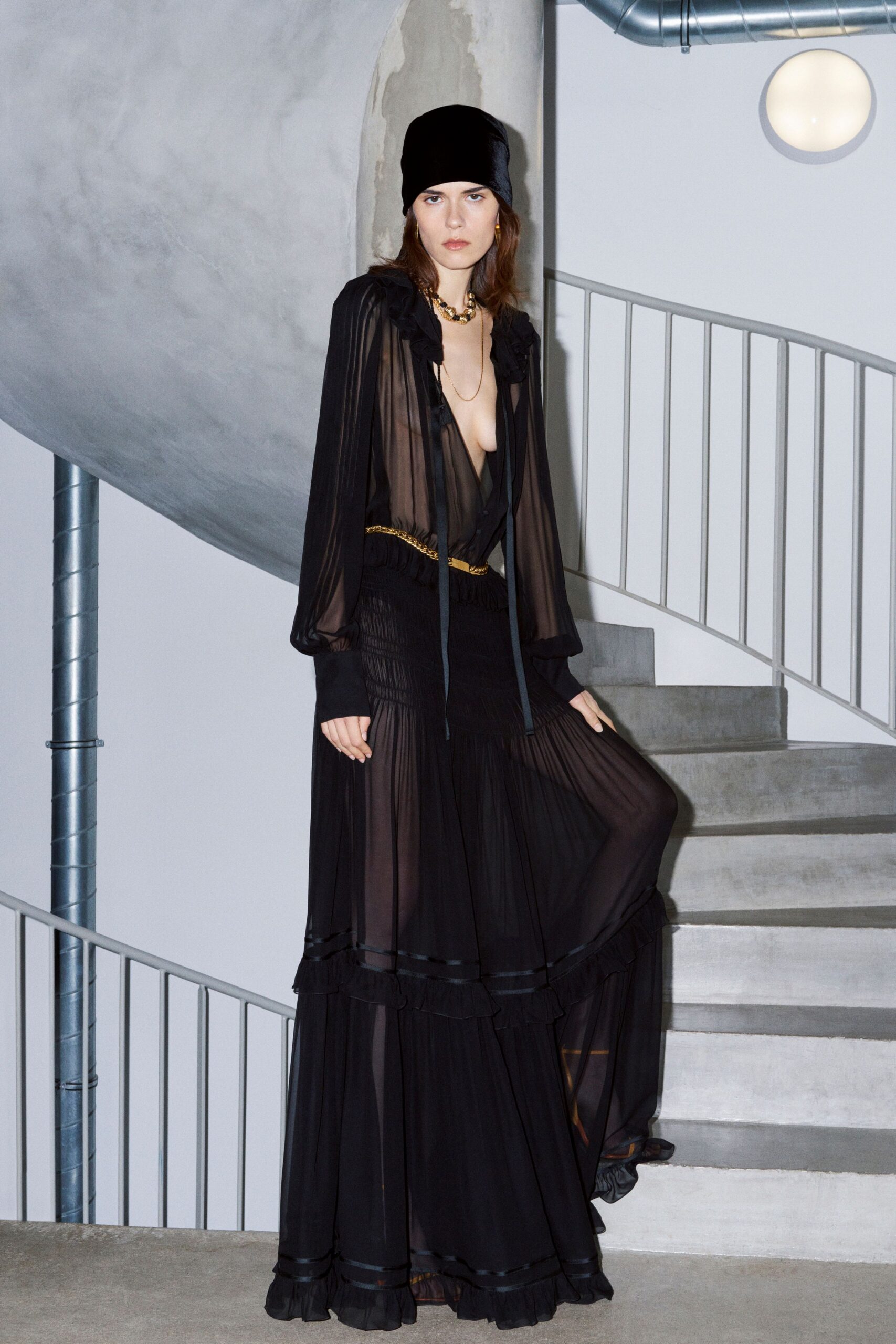 black silk long-sleeve maxi dress
