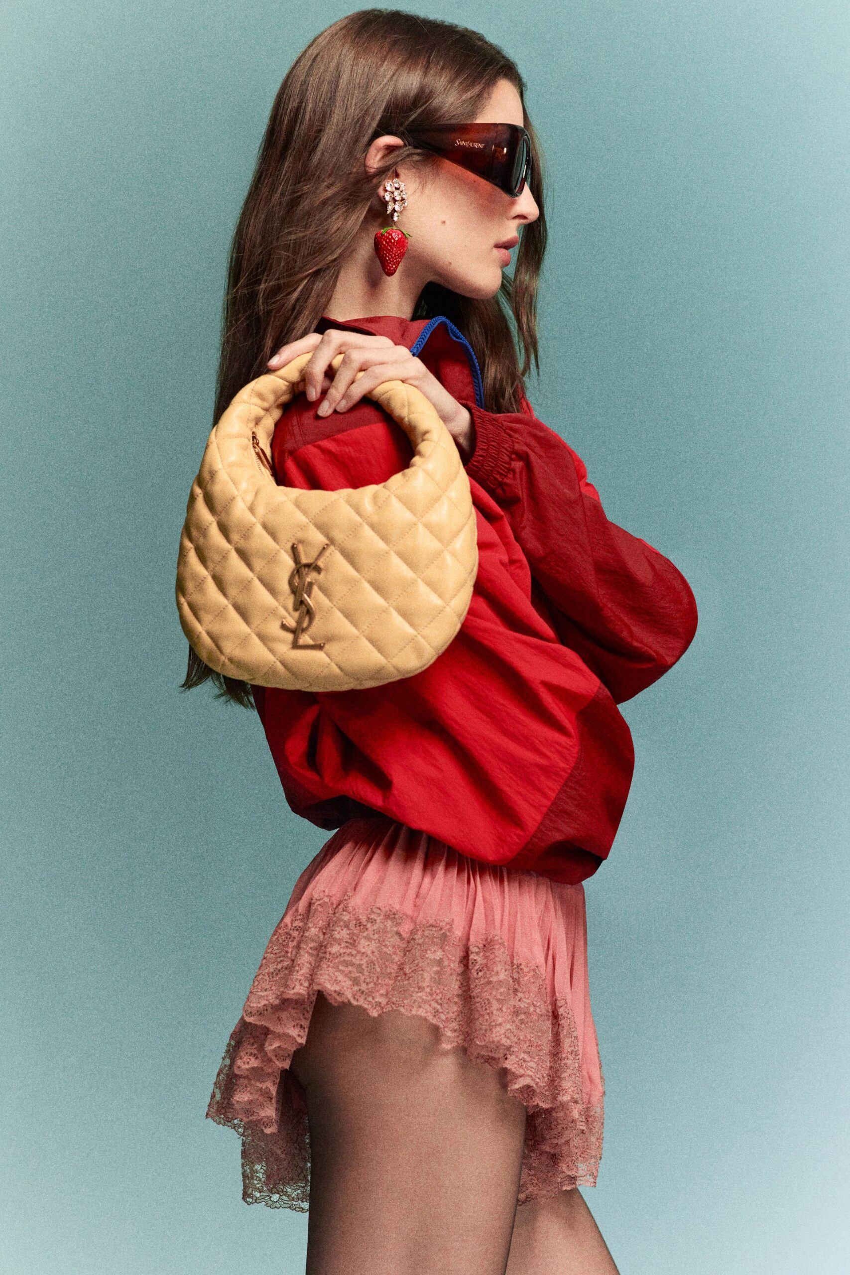 red cotton long-sleeve collared relaxed ruffled top