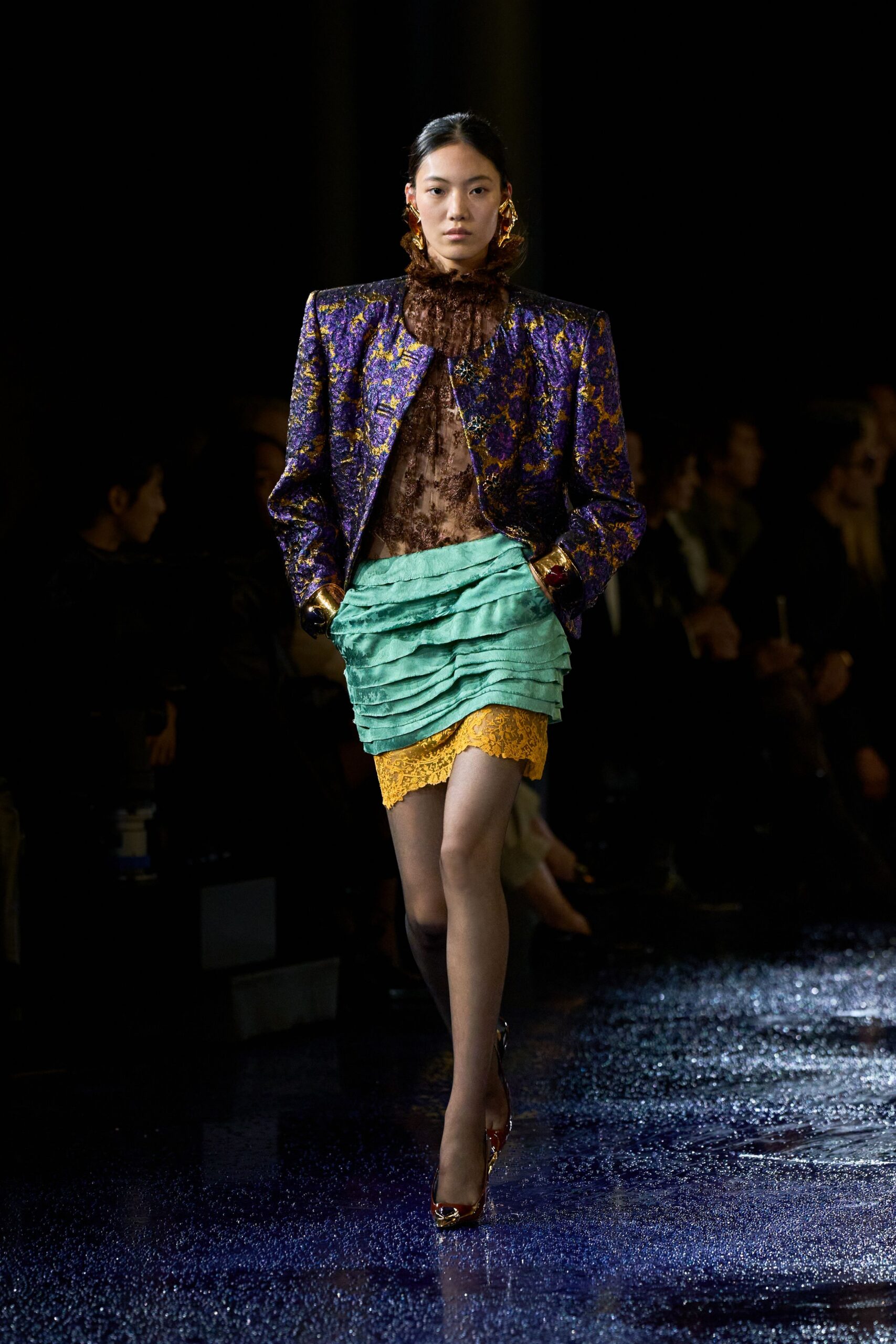 purple silk long-sleeve collared structured embroidered jacket