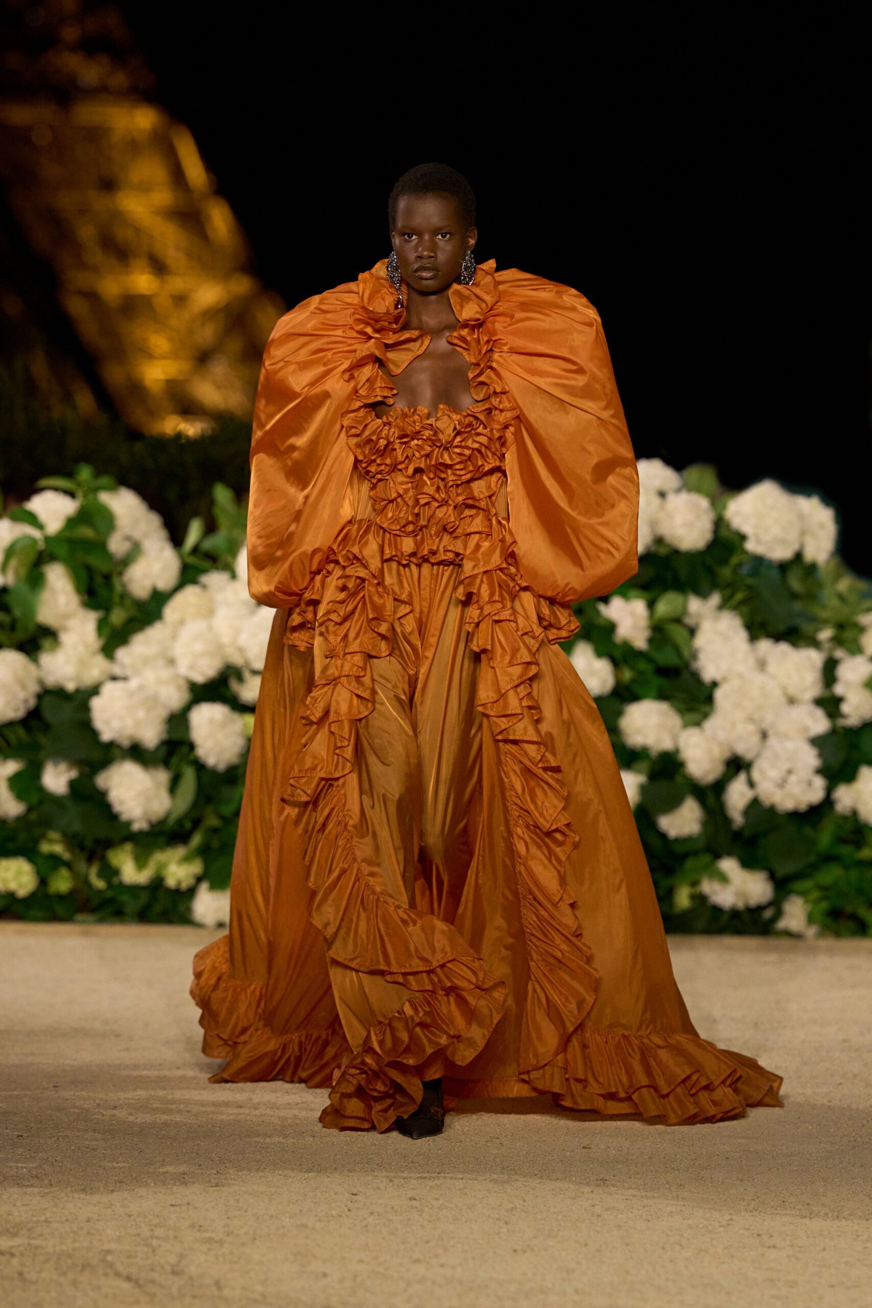 orange silk ruffled gown
