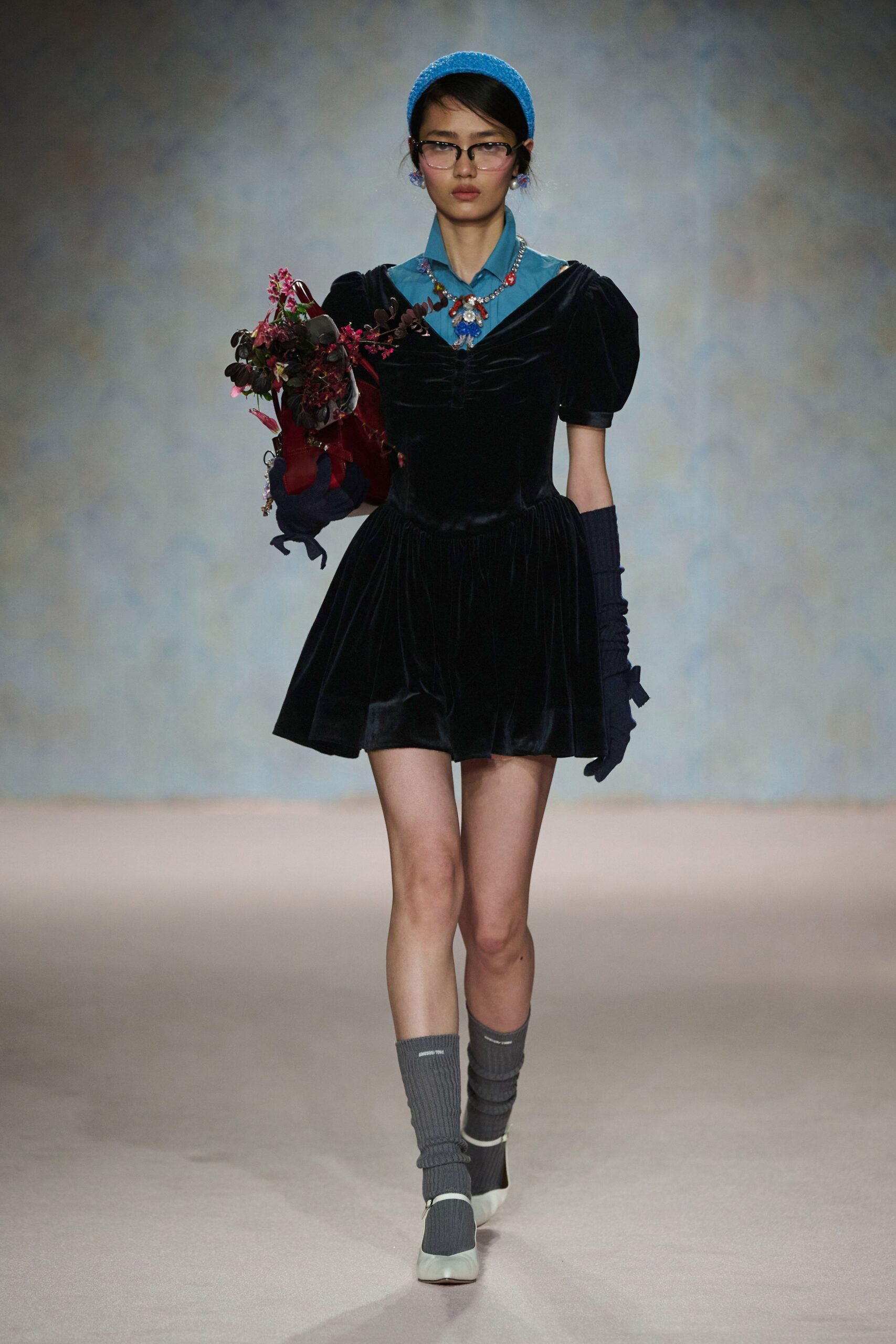 black velvet short-sleeve collared fitted padded a-line dress
